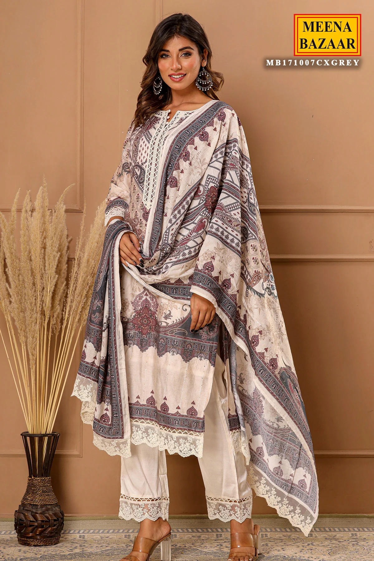 Grey Maslin Ready Made Suit with Elegant Neck Embroidery - Image 6
