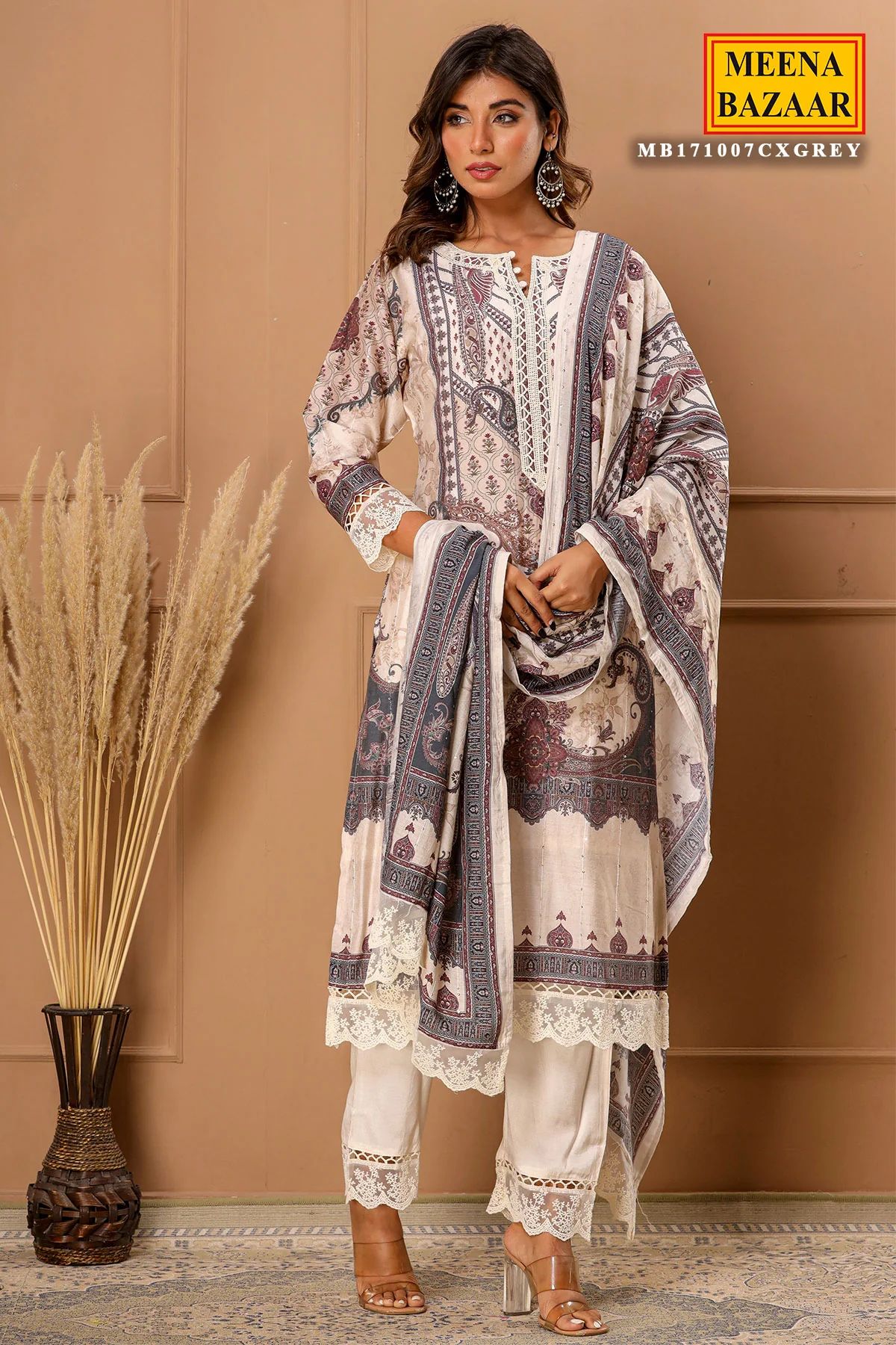 Grey Maslin Ready Made Suit with Elegant Neck Embroidery - Image 7