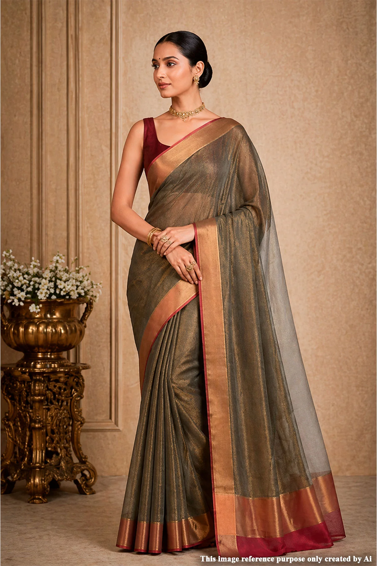 Grey Organza Weave Saree with Maroon Accents