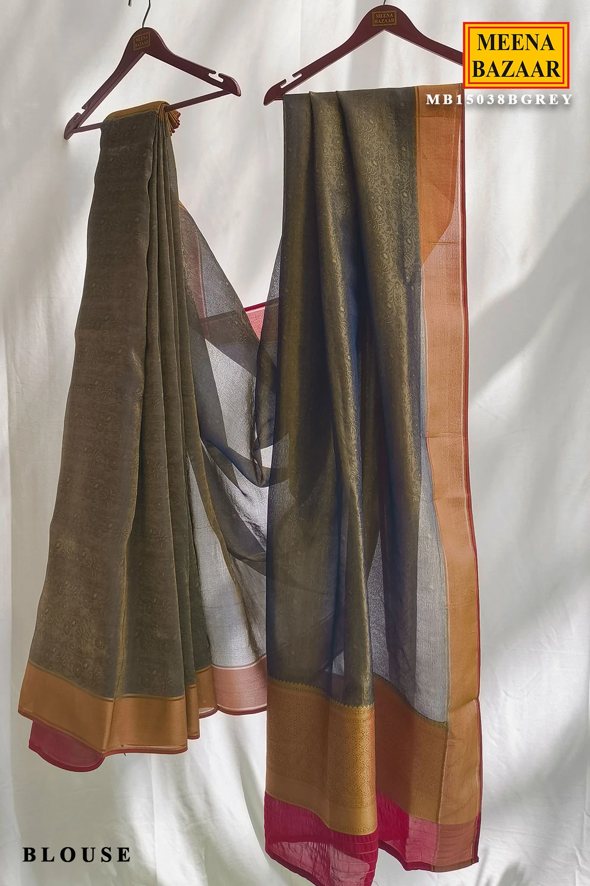 Grey Organza Weave Saree with Maroon Accents - Image 2