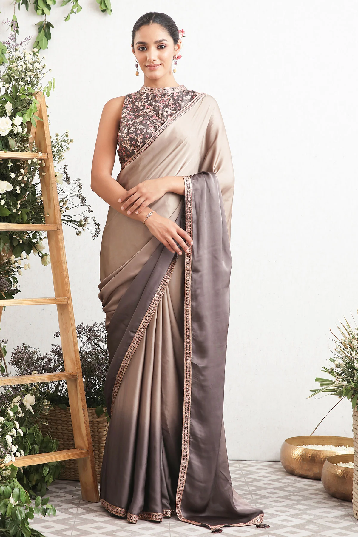 Grey Satin Embroidered Saree