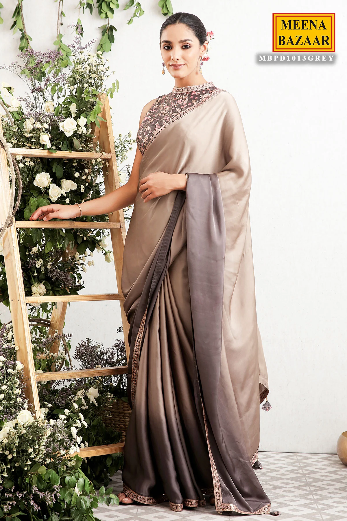 Grey Satin Embroidered Saree - Image 2