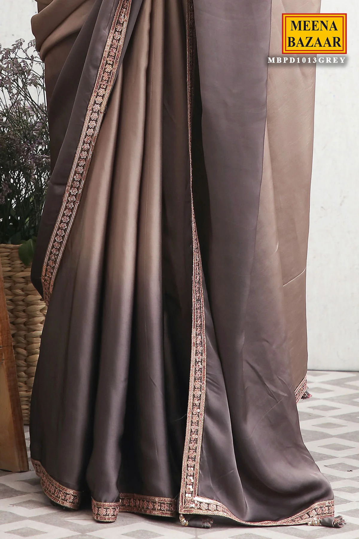 Grey Satin Embroidered Saree - Image 4