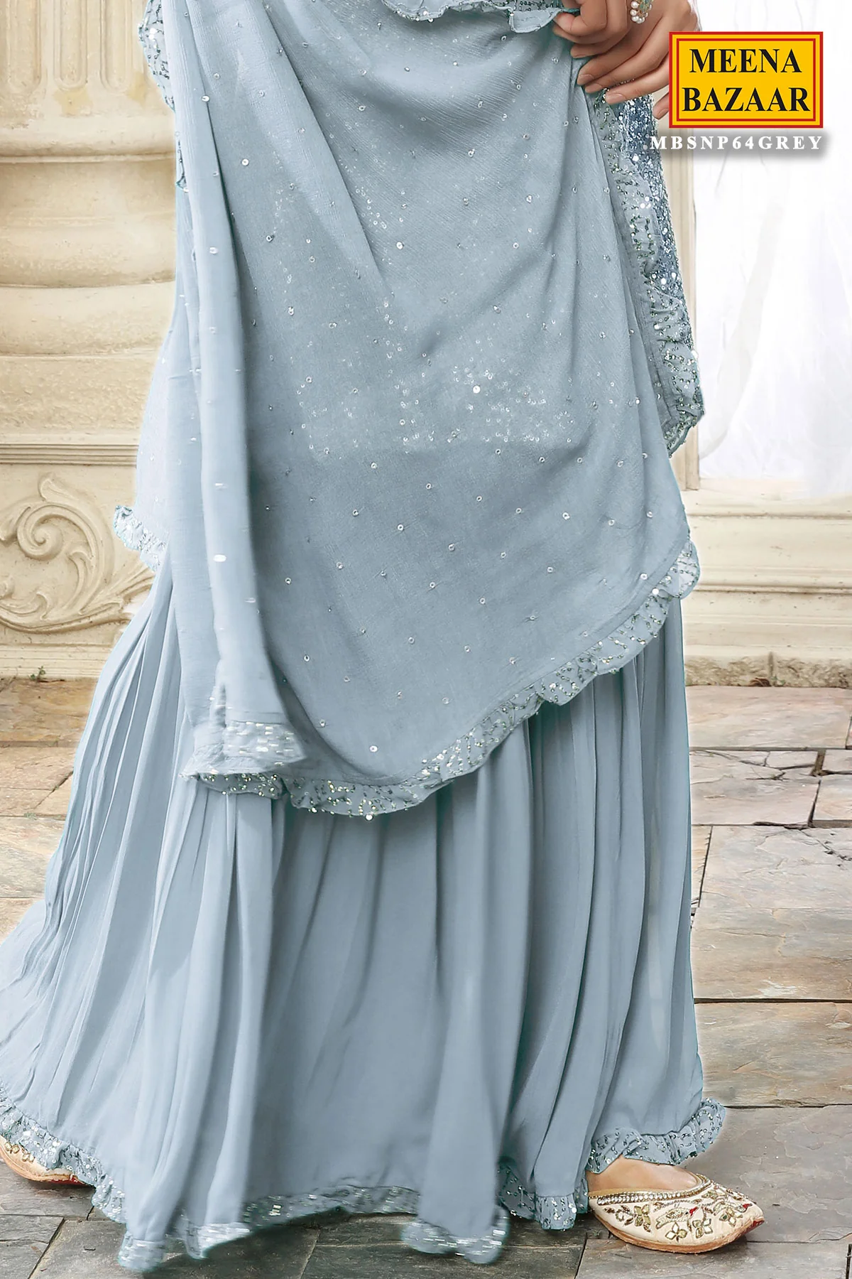 Grey Georgette Sequin Embroidered Gharara Ready Made Suit - Image 4