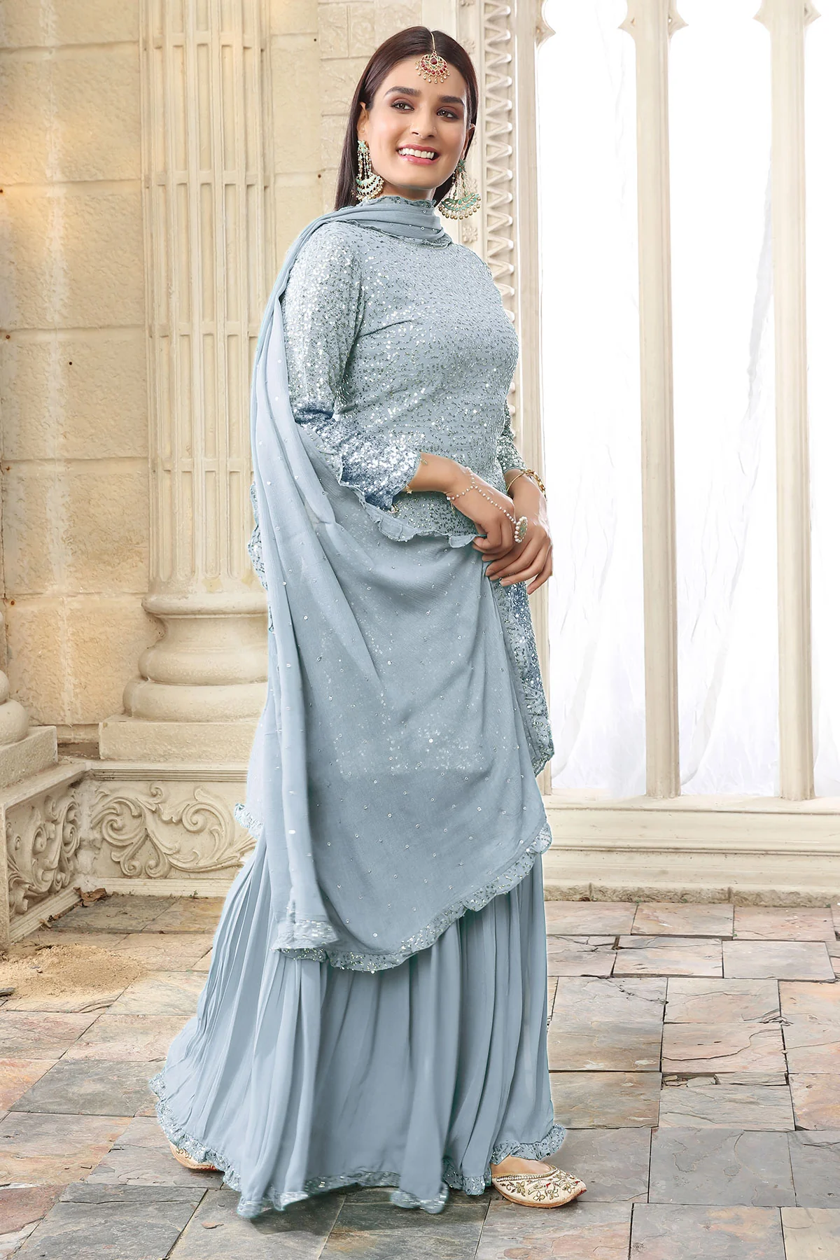Grey Georgette Sequin Embroidered Gharara Ready Made Suit - Image 5