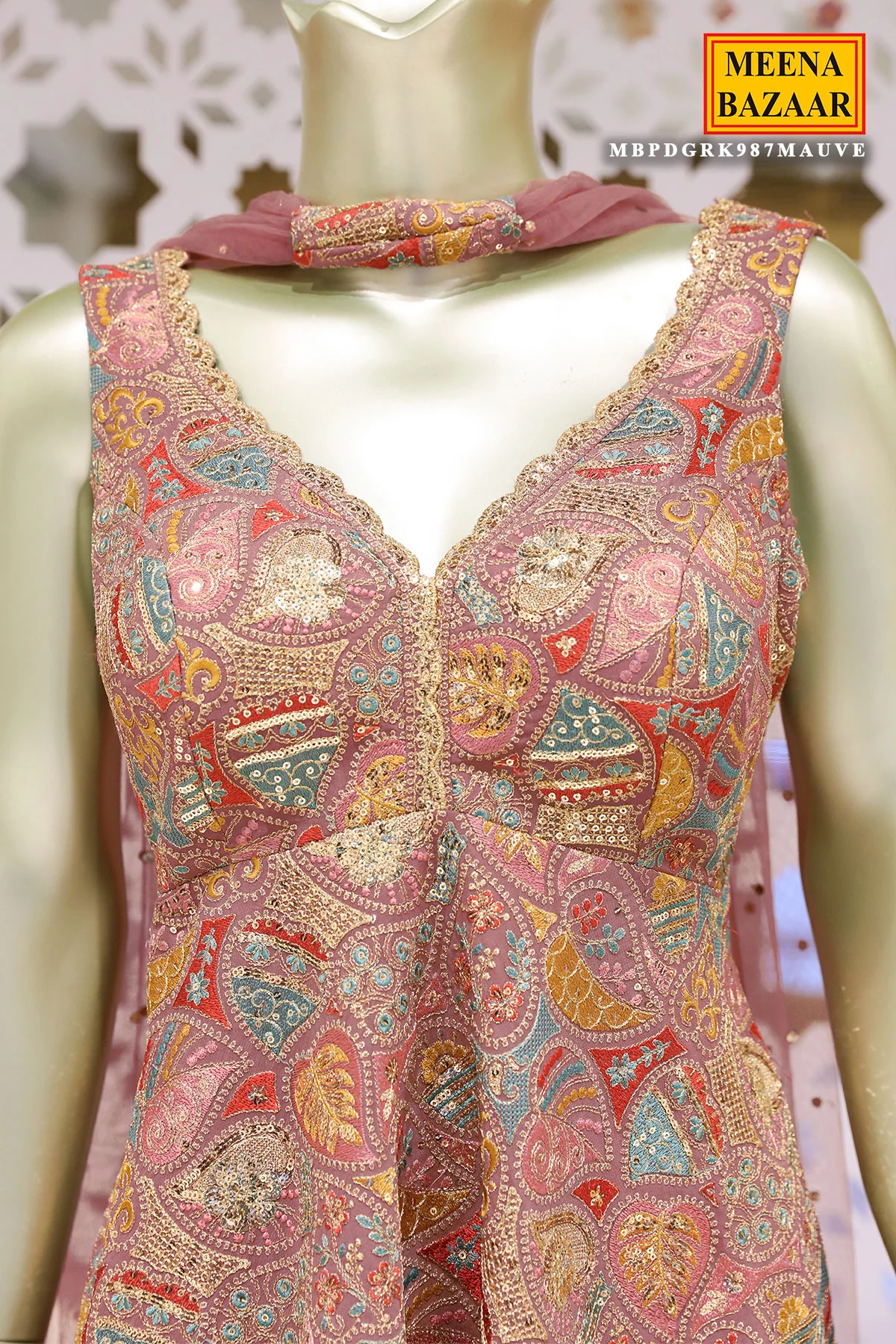 Light Mauve Georgette Threadwork and Sequins Embroidered 3-piece Sharara Ready Made Suit - Image 2