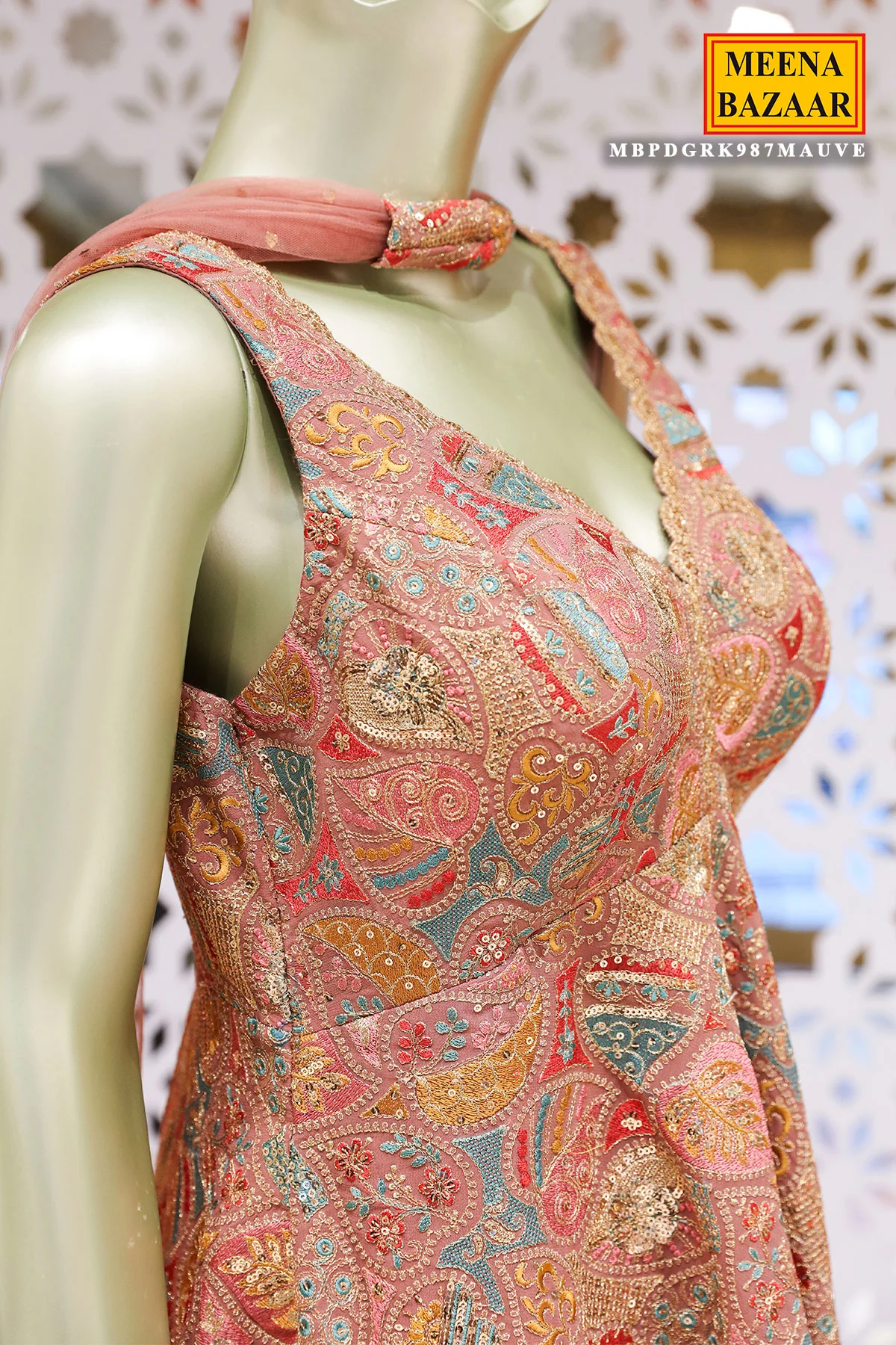 Light Mauve Georgette Threadwork and Sequins Embroidered 3-piece Sharara Ready Made Suit - Image 3