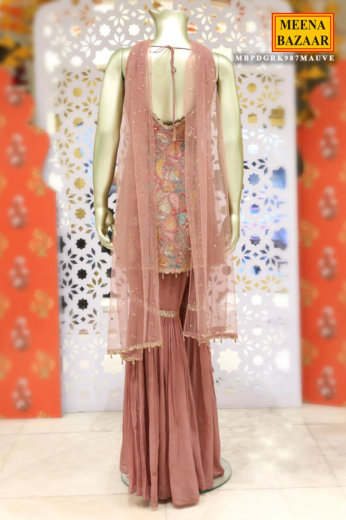 Light Mauve Georgette Threadwork and Sequins Embroidered 3-piece Sharara Ready Made Suit - Image 4