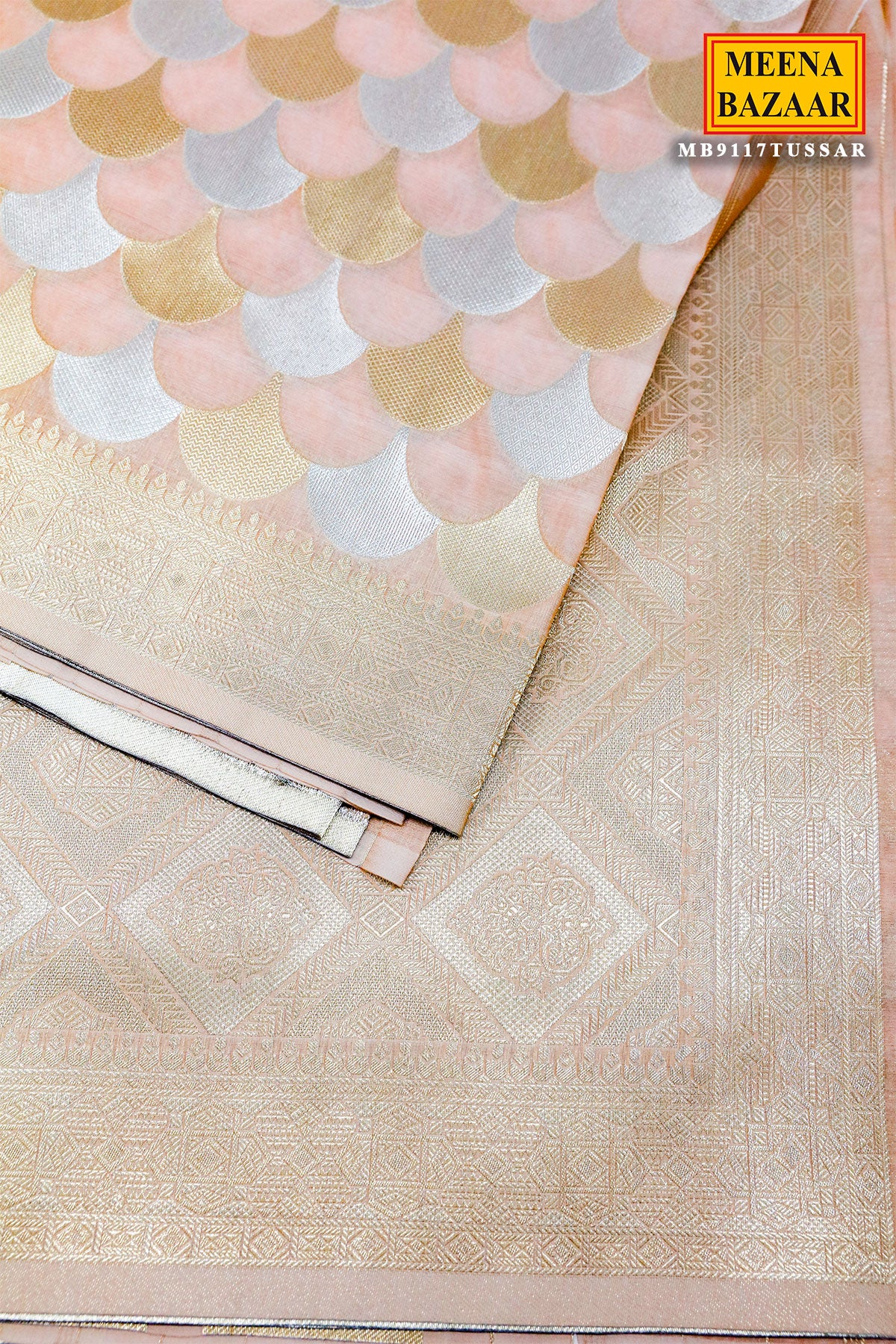 Light Peach Silk Zari Weaving Saree - Image 4
