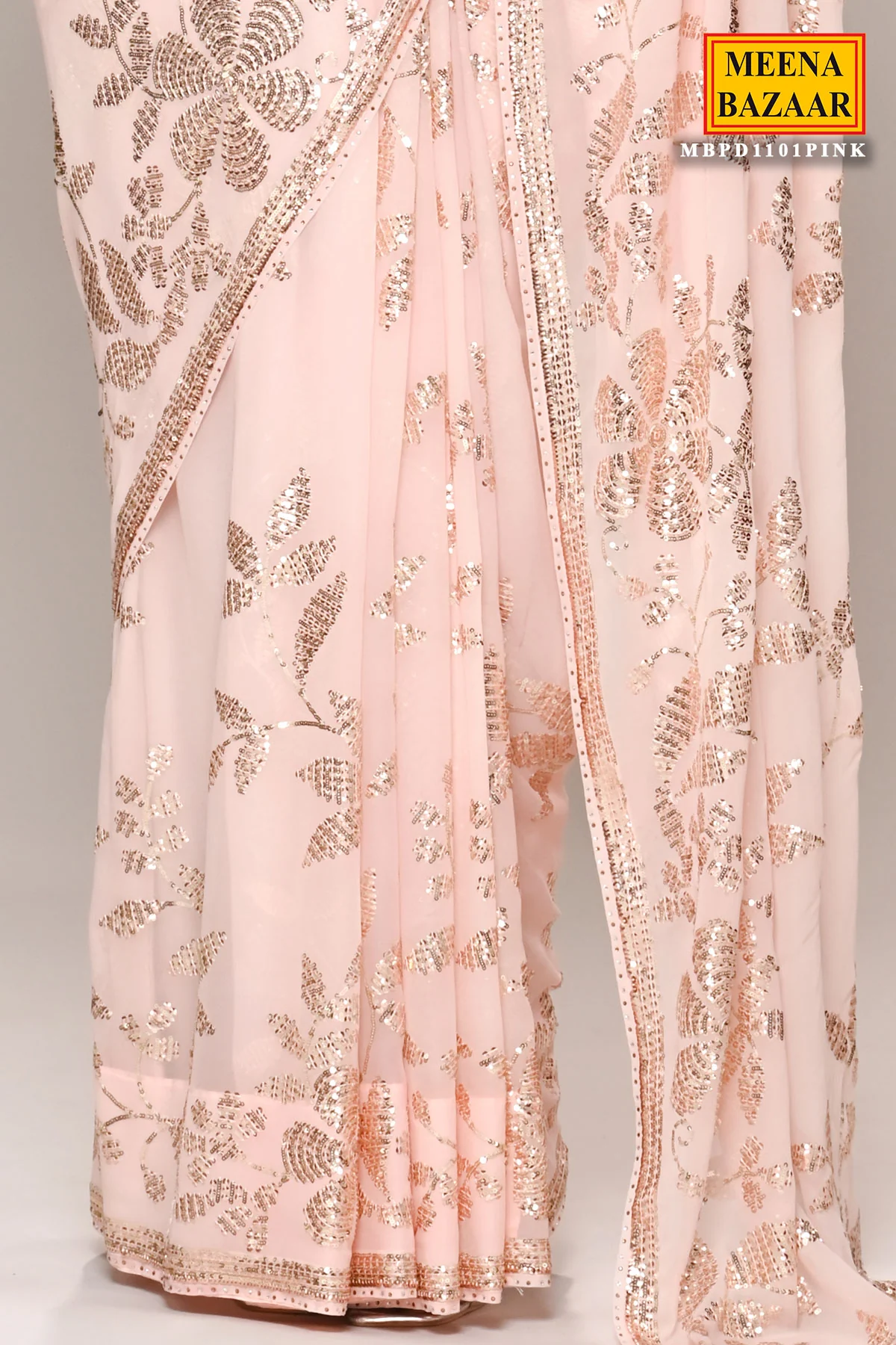 Pink Floral Sequin Embroidered Georgette Saree - Image 6