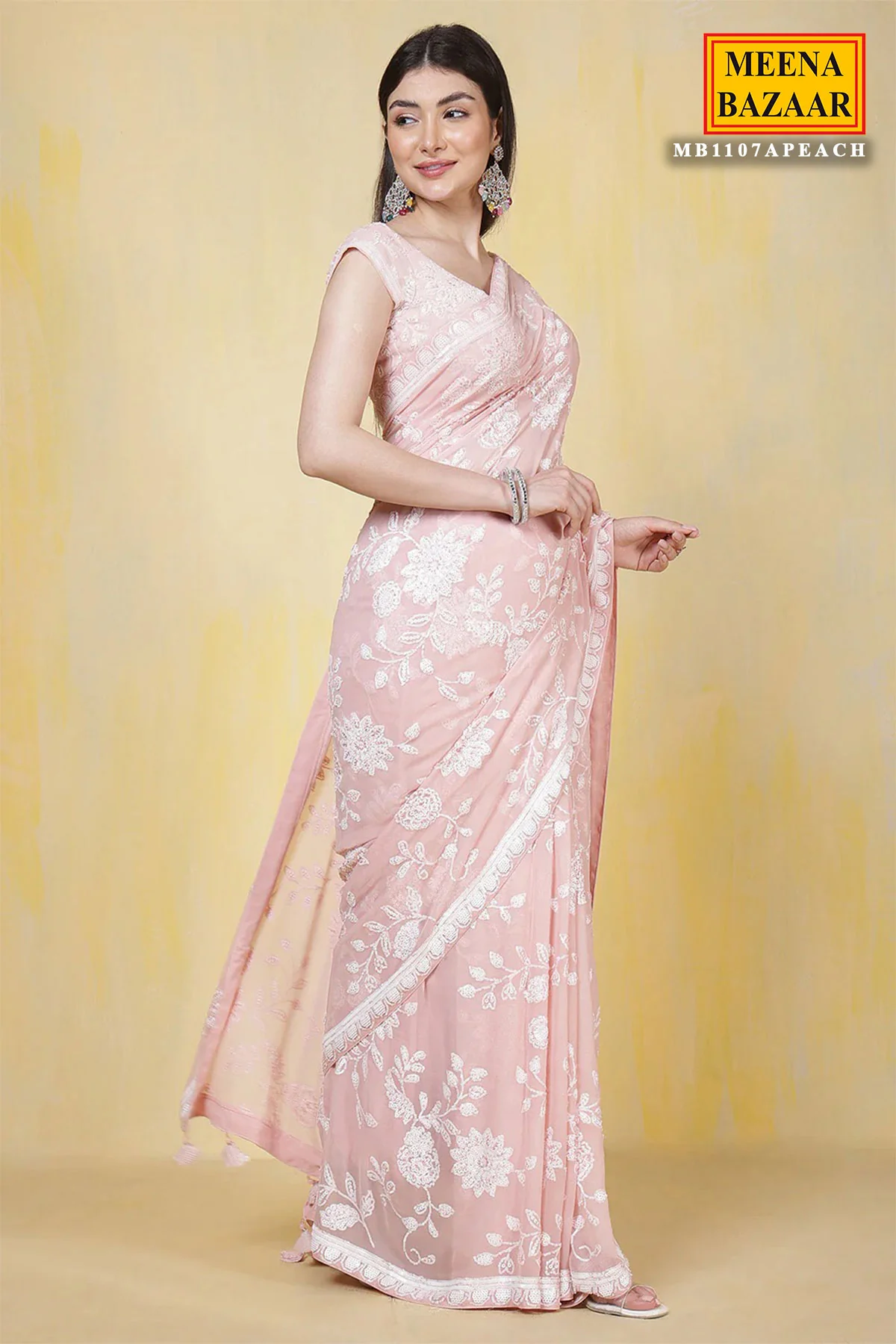 Light Pink Thread and Sequin Embroidered Georgette Saree - Image 4