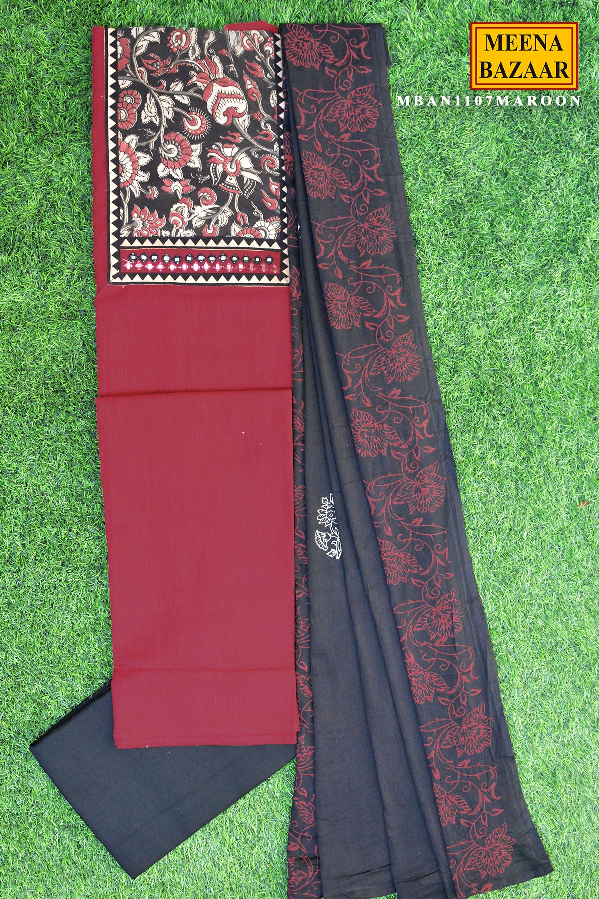 Maroon & Black Cotton Unstitched Suit Set with Printed Dupatta - Image 2