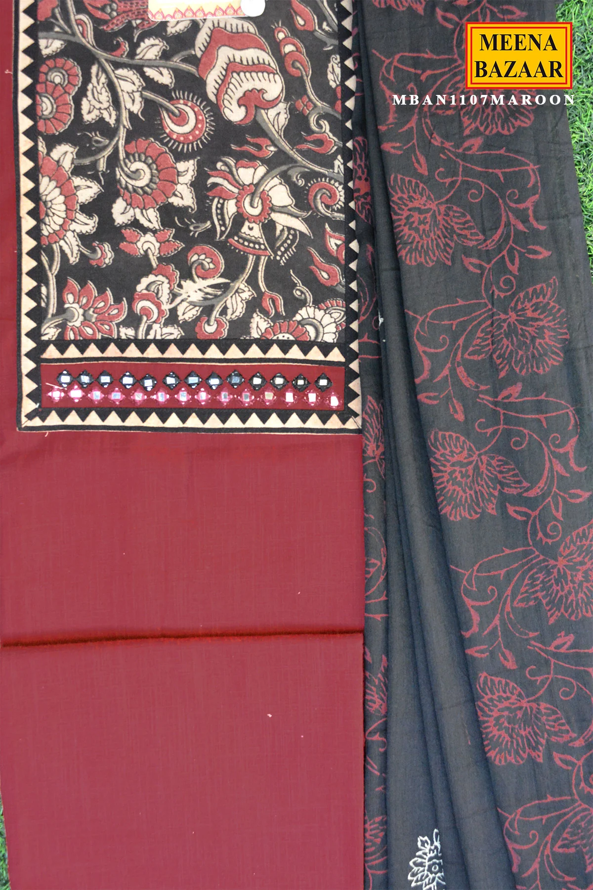 Maroon & Black Cotton Unstitched Suit Set with Printed Dupatta - Image 3