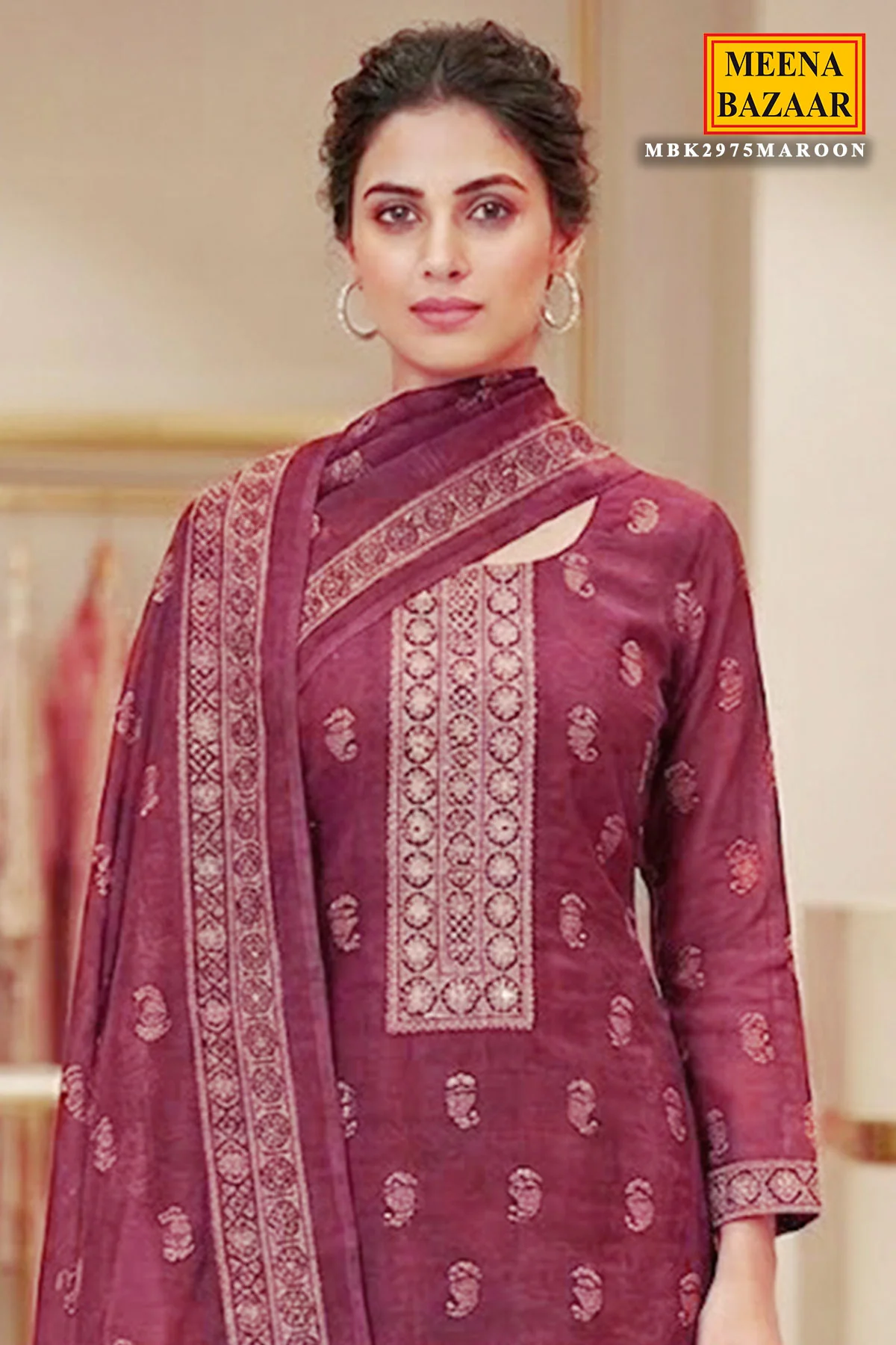 Maroon Chanderi Unstitched Suit with Elegant Embroidery - Image 2