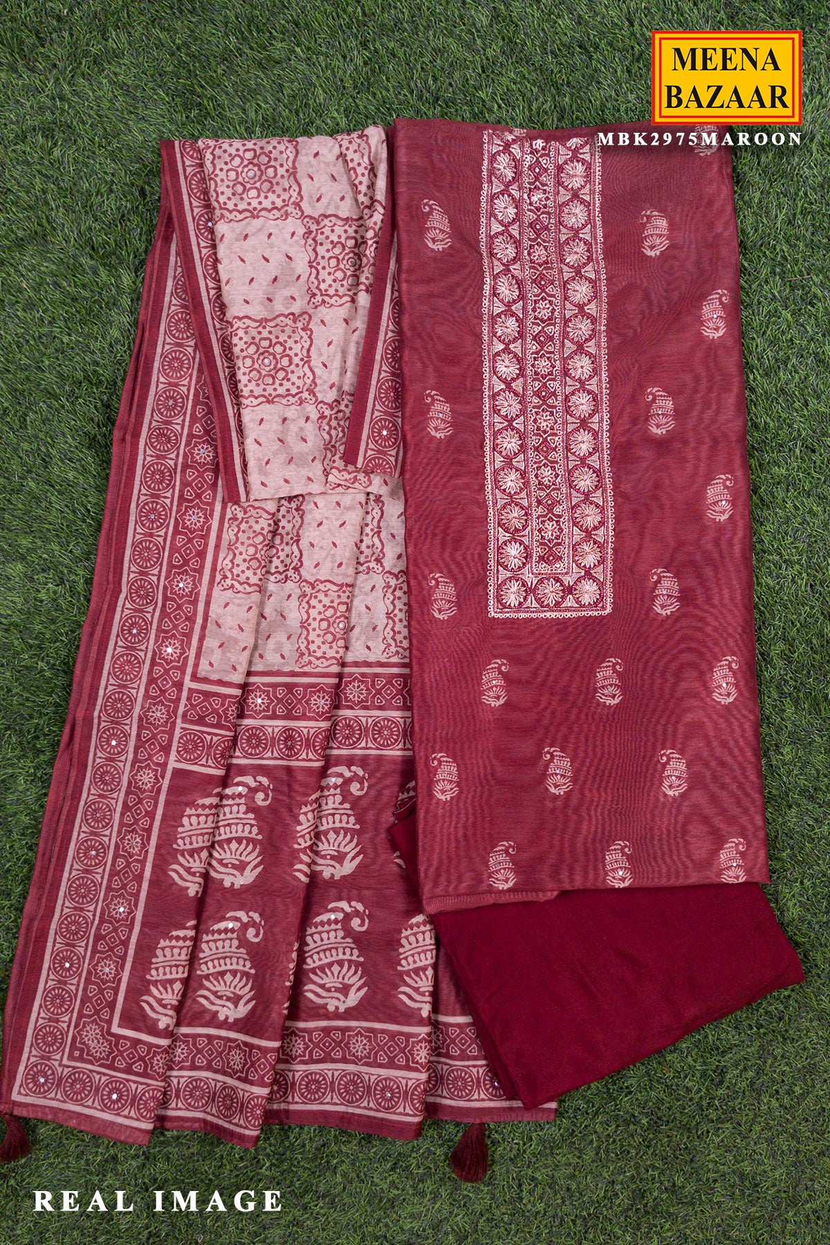 Maroon Chanderi Unstitched Suit with Elegant Embroidery - Image 4