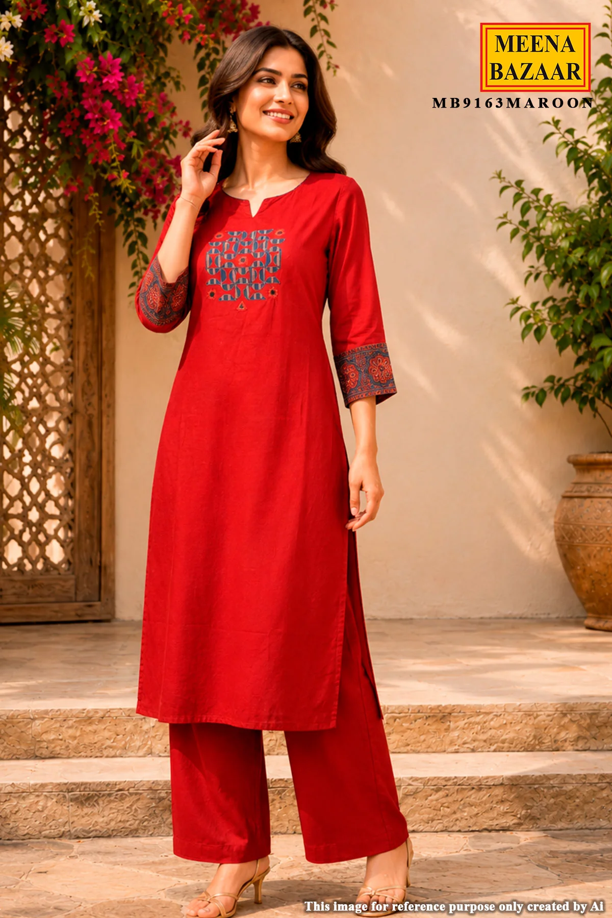Maroon Cotton Neck Embroidered Suit for Women - Image 2
