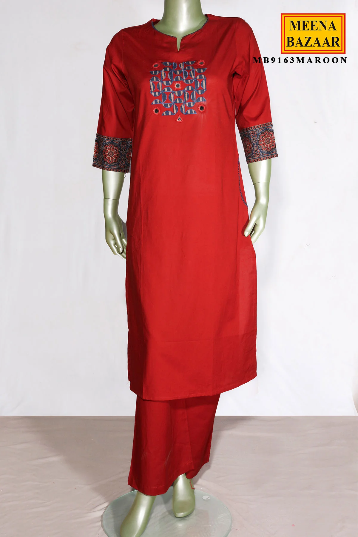 Maroon Cotton Neck Embroidered Suit for Women - Image 3