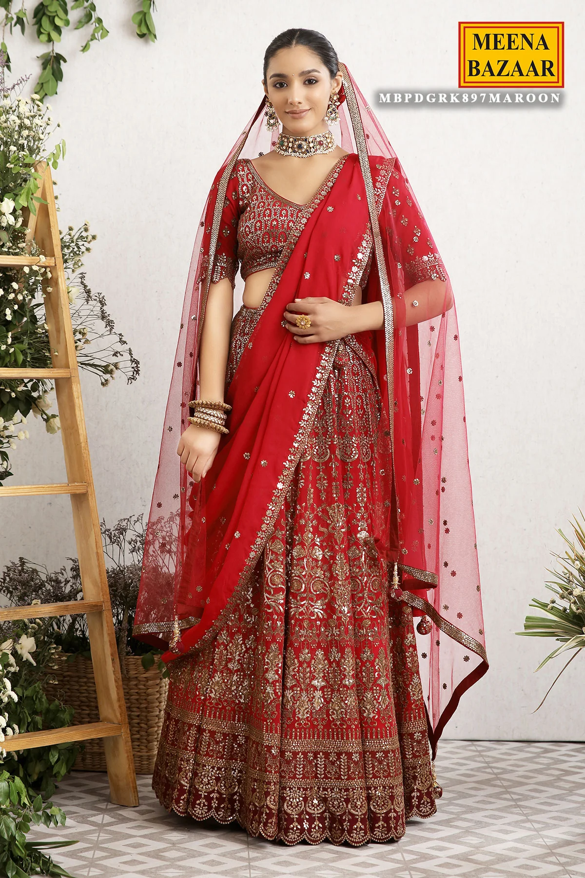 Maroon Embroidered Georgette Lehenga - Image 3