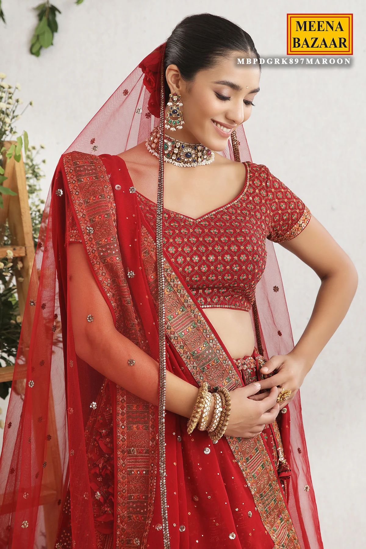 Maroon Embroidered Georgette Lehenga - Image 4