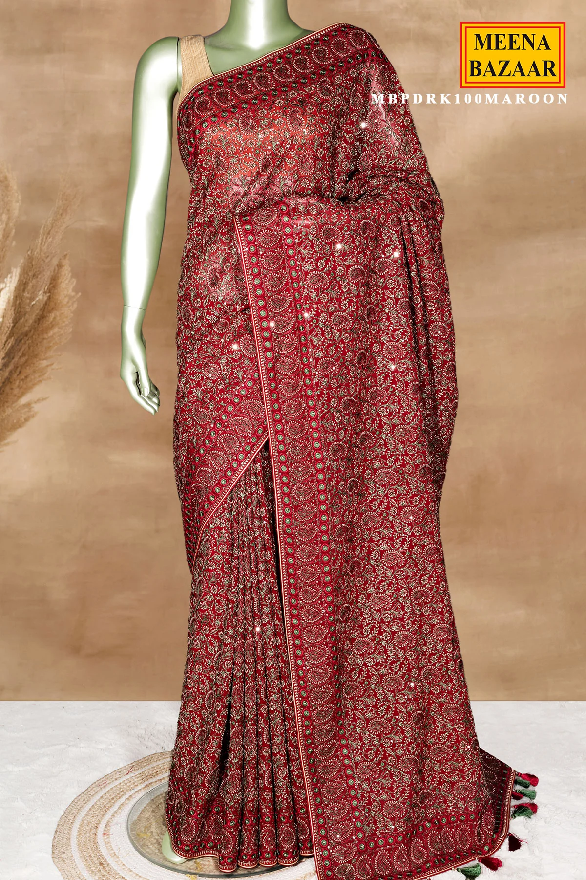 Maroon Georgette Embroidered Saree - Luxury Party Wear Saree - Image 2