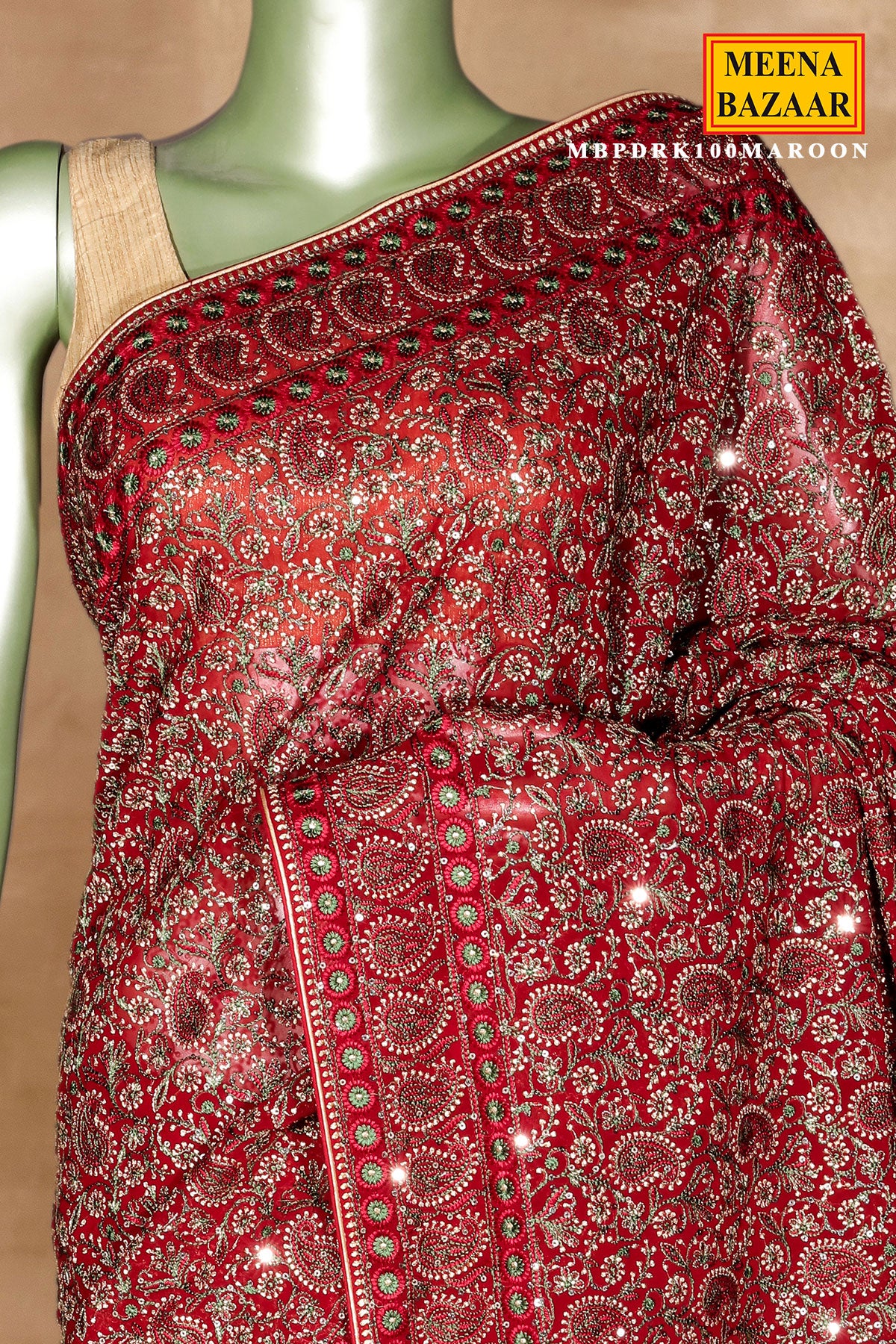 Maroon Georgette Embroidered Saree - Luxury Party Wear Saree - Image 3