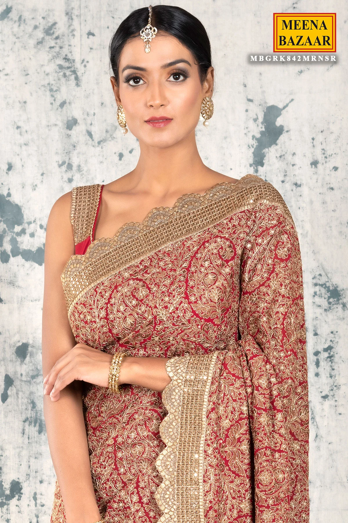Maroon Georgette Embroidered Saree - Image 3