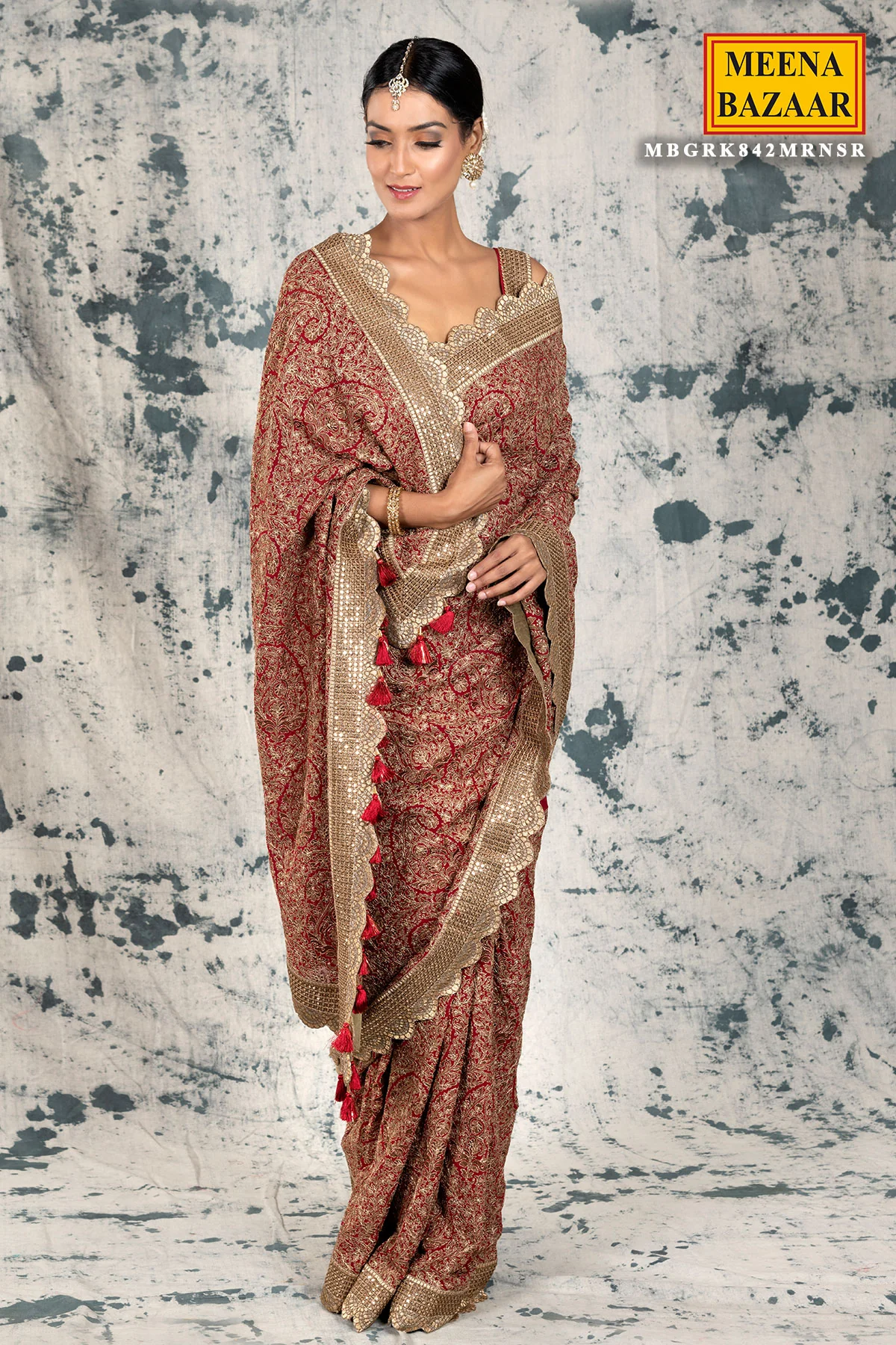 Maroon Georgette Embroidered Saree - Image 4