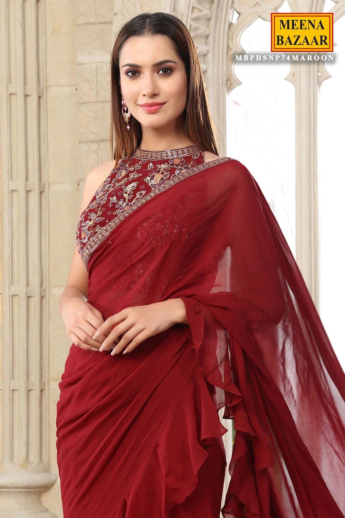 Maroon Georgette Pleated Saree - Image 2
