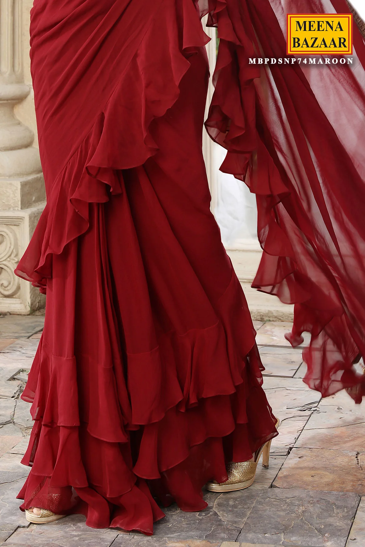 Maroon Georgette Pleated Saree - Image 3
