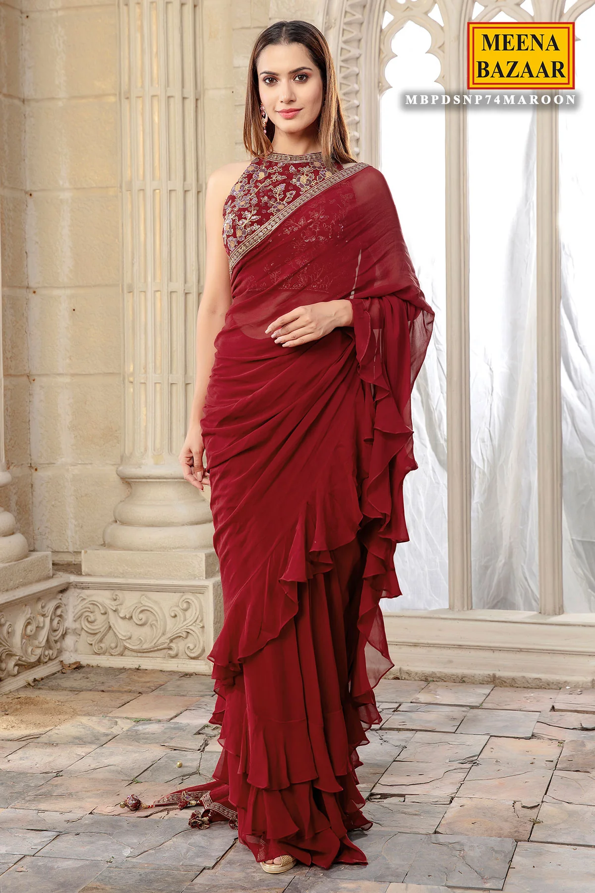 Maroon Georgette Pleated Saree - Image 4