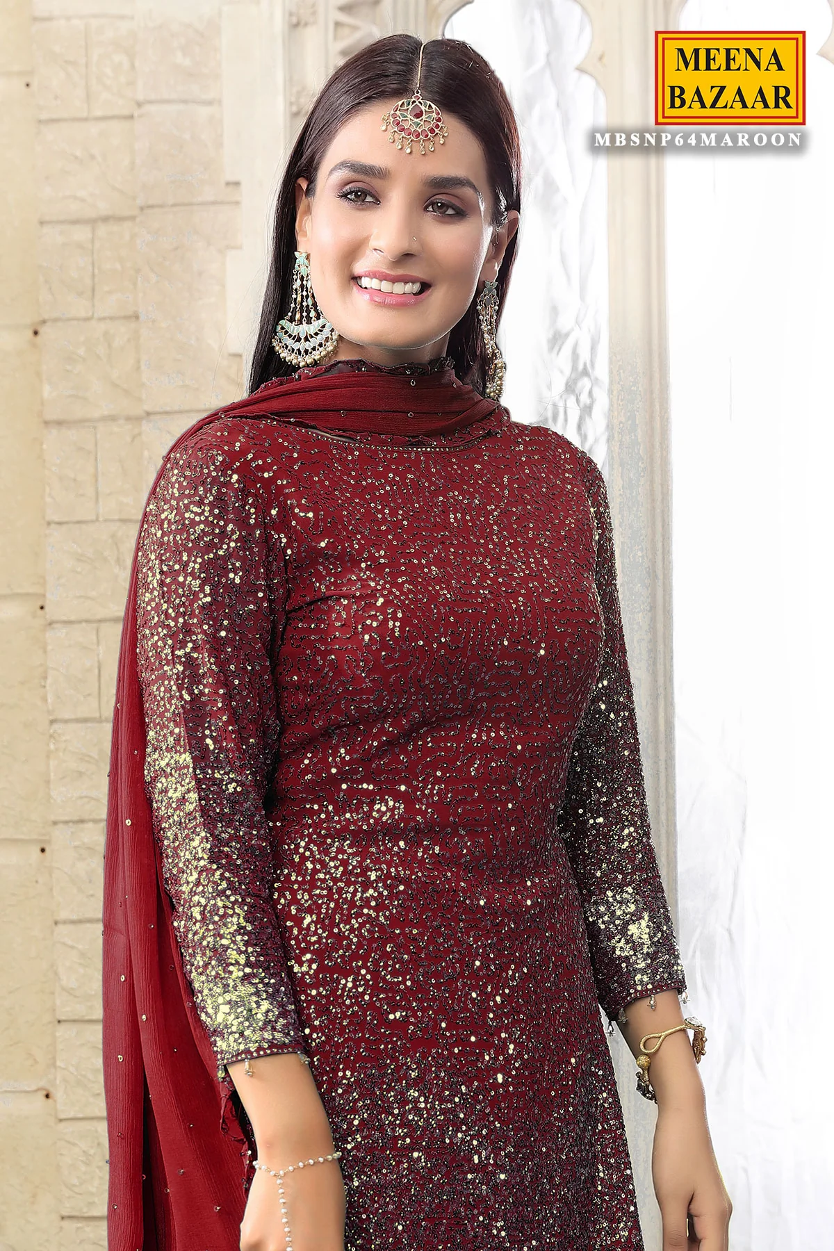 Maroon Georgette Sequins Embroidered Gharara Suit Set - Image 2