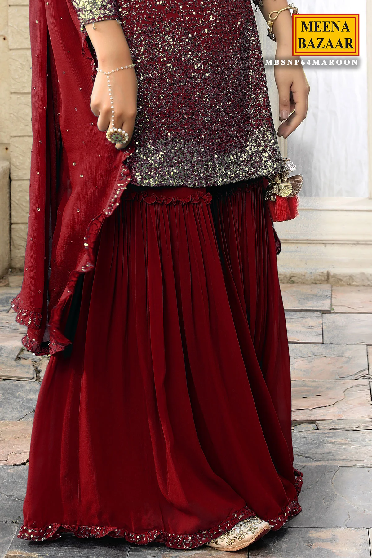 Maroon Georgette Sequins Embroidered Gharara Suit Set - Image 3