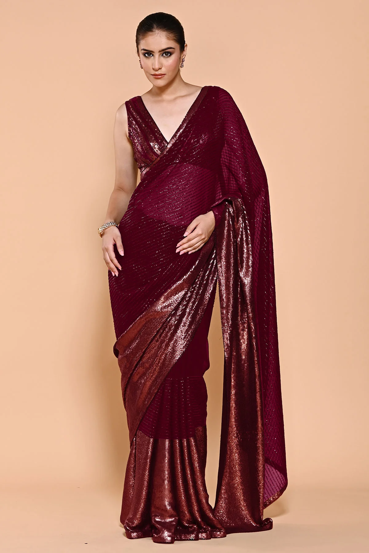 Maroon Sequin Embroidered Georgette Saree