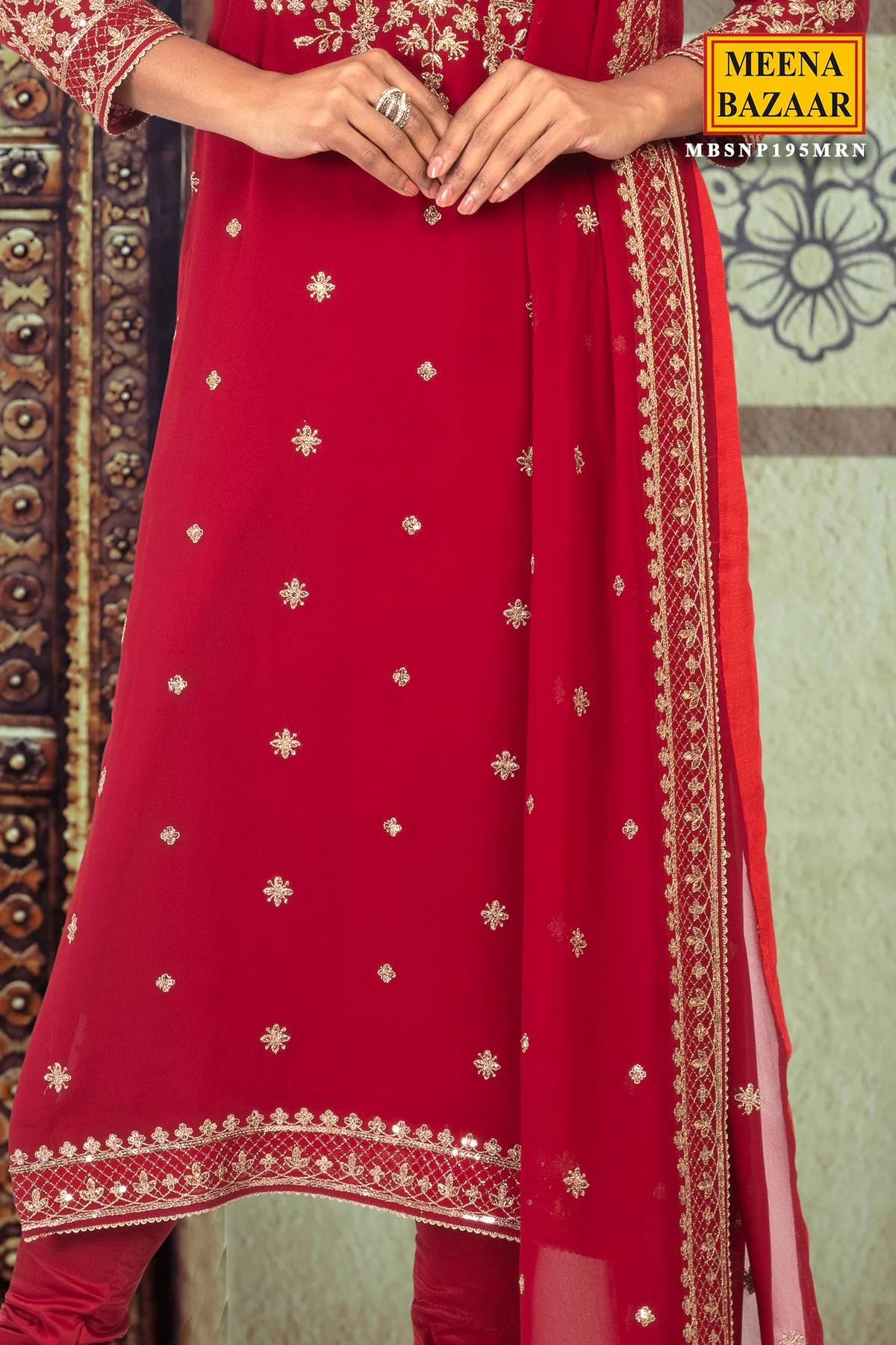Maroon Sequin Georgette Unstitched Suit - Image 3