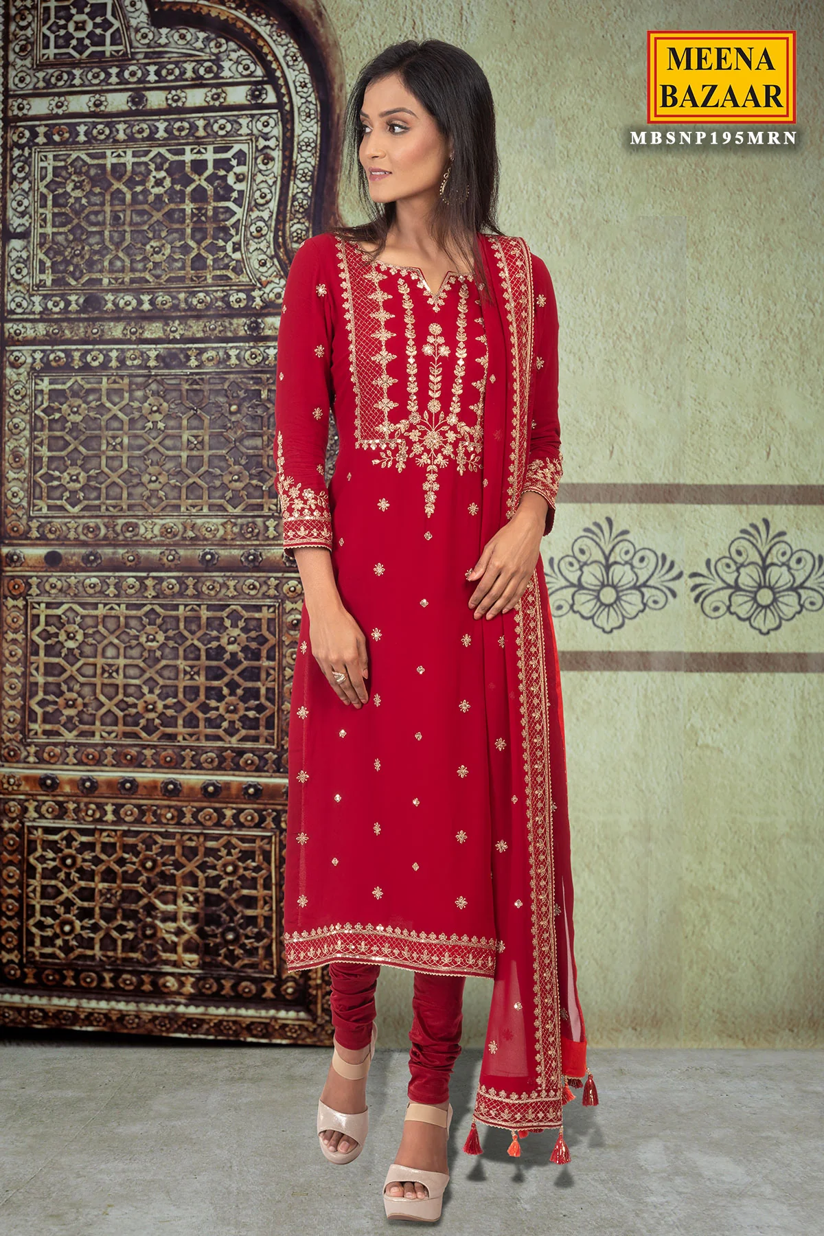 Maroon Sequin Georgette Unstitched Suit - Image 4