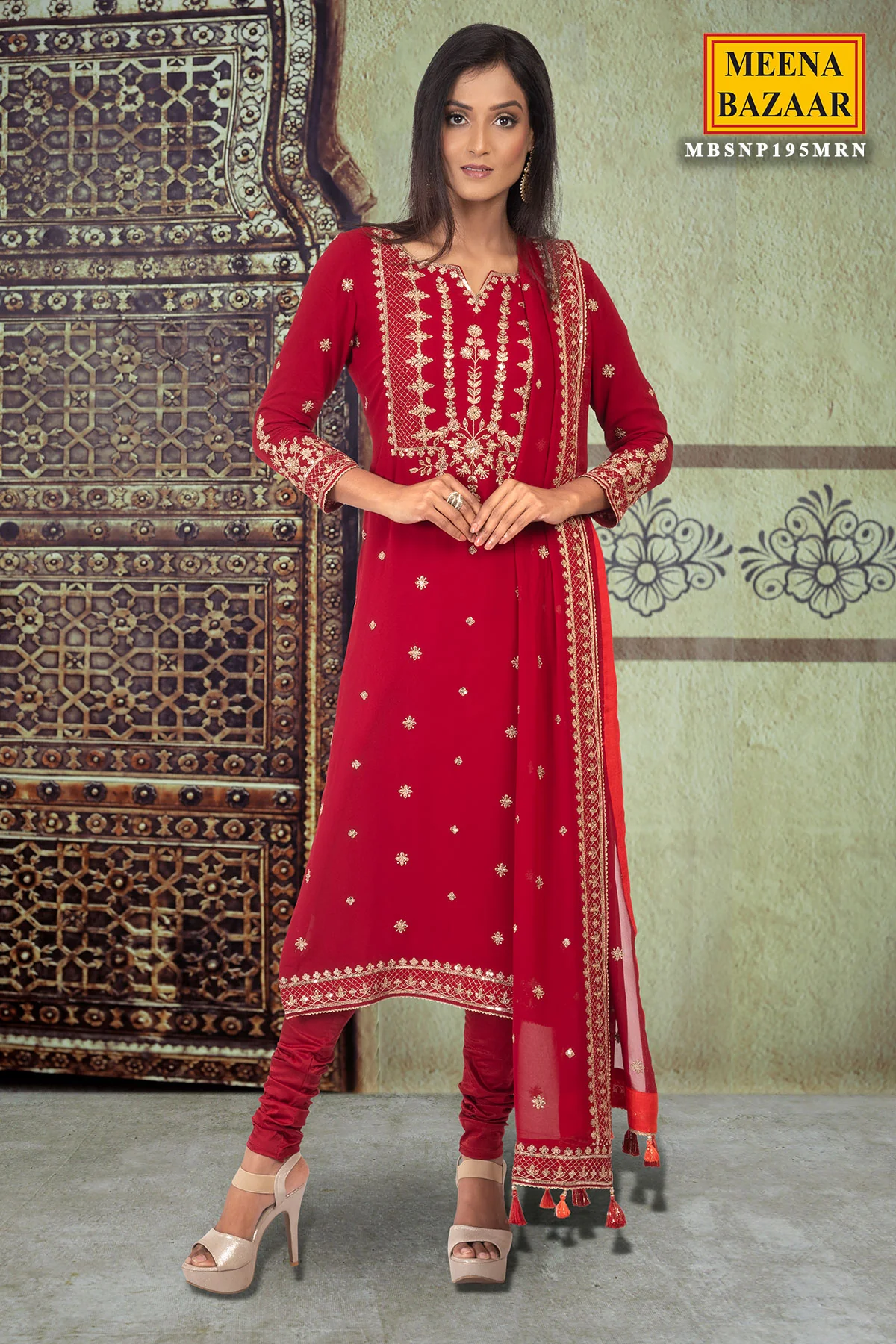 Maroon Sequin Georgette Unstitched Suit - Image 5
