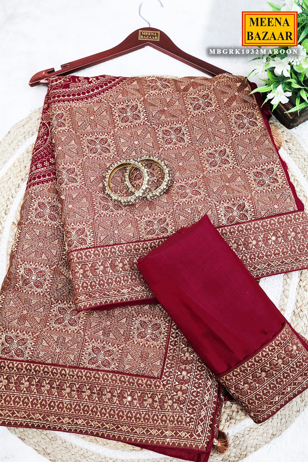 Maroon Silk Resham Threadwork Zari & Sequins Embroidered Saree - Image 2