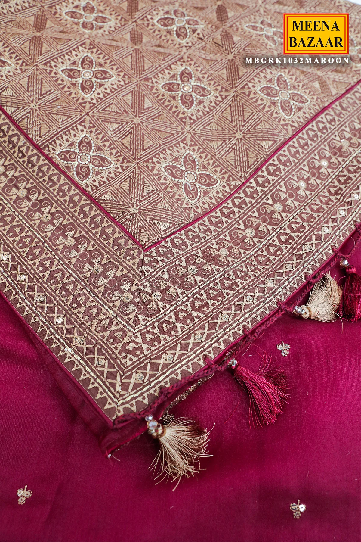 Maroon Silk Resham Threadwork Zari & Sequins Embroidered Saree - Image 5