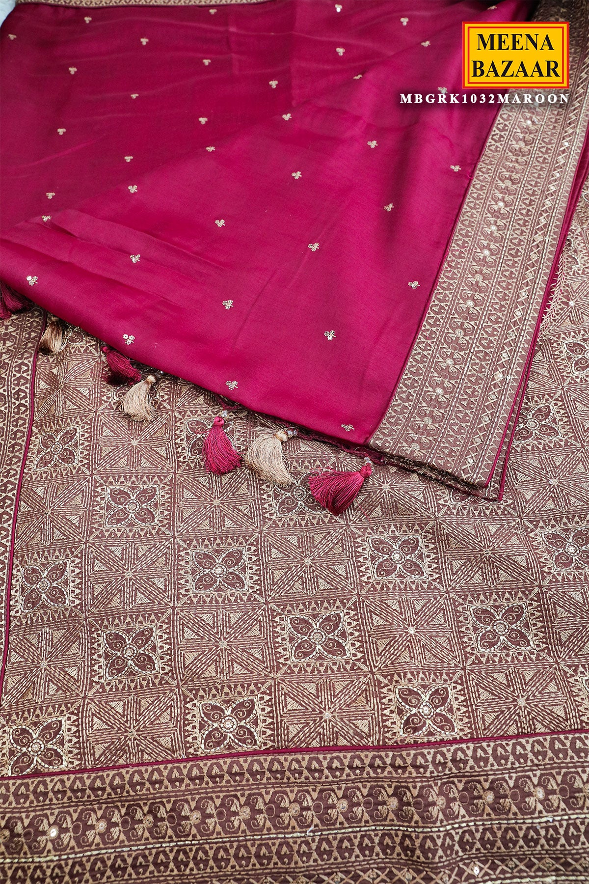 Maroon Silk Resham Threadwork Zari & Sequins Embroidered Saree - Image 6