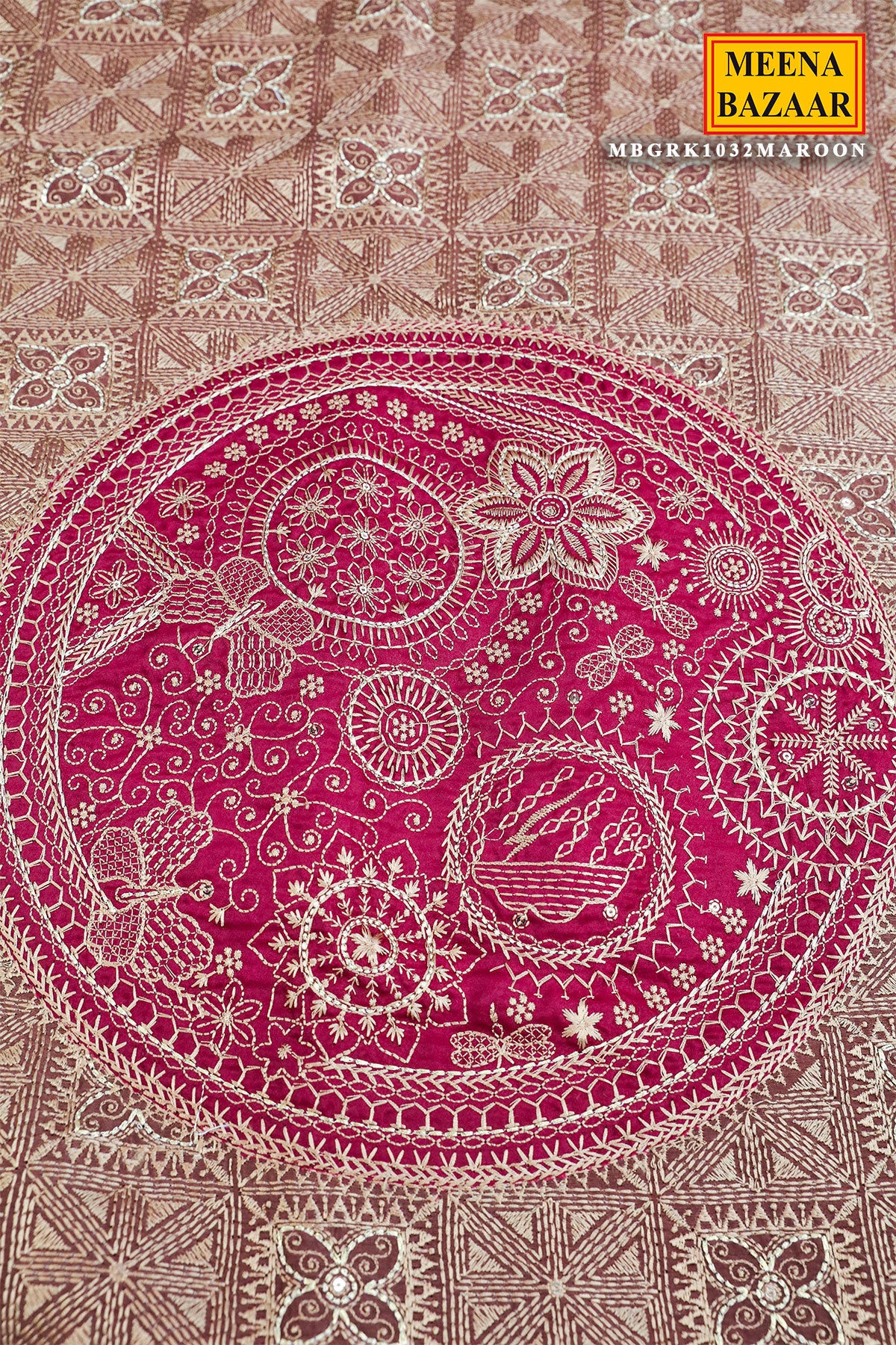 Maroon Silk Resham Threadwork Zari & Sequins Embroidered Saree - Image 7