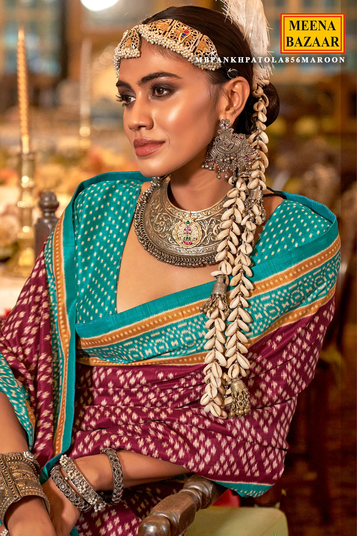 Maroon Silk Saree with Firozi Border – PankhPatola Printed Designer Saree - Image 2