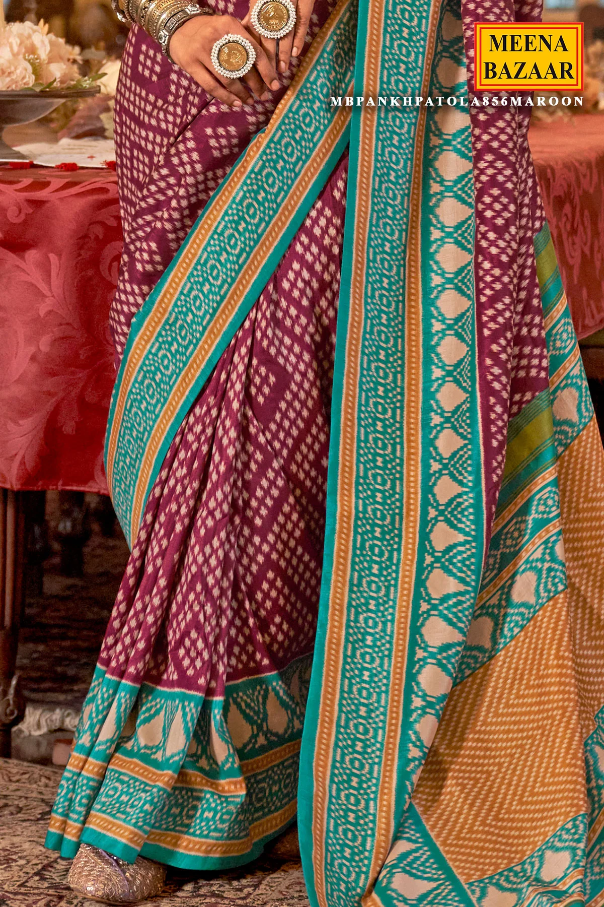Maroon Silk Saree with Firozi Border – PankhPatola Printed Designer Saree - Image 3
