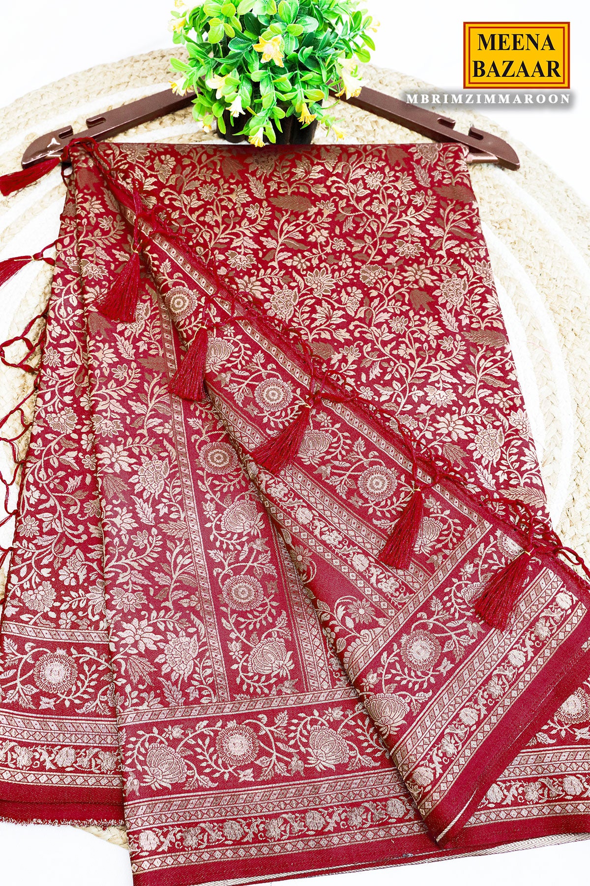 Maroon South Silk Floral Zari Woven Saree - Image 3