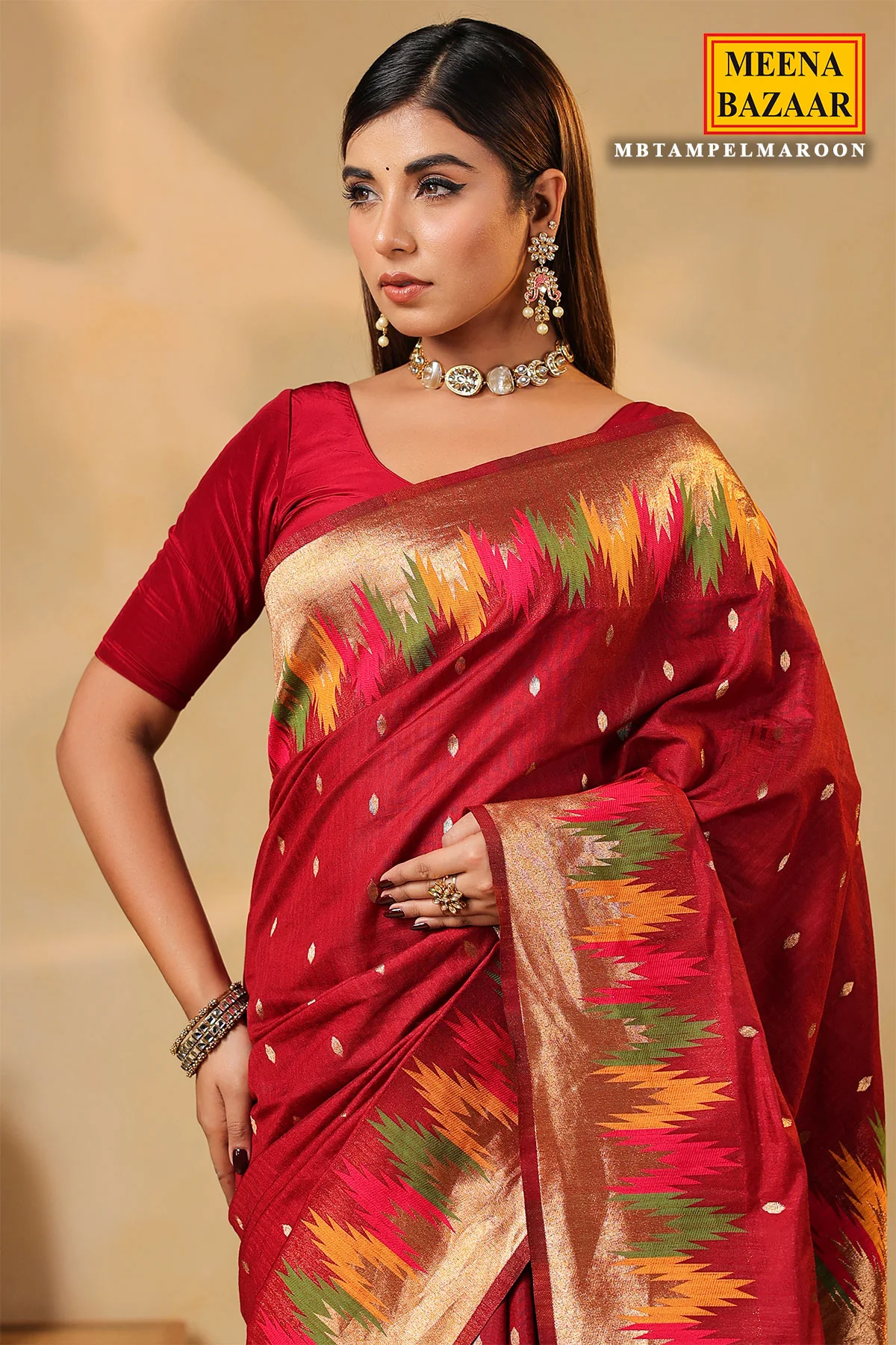 Maroon Temple Silk Weaving Saree Elegant Traditional & Party Wear - Image 2