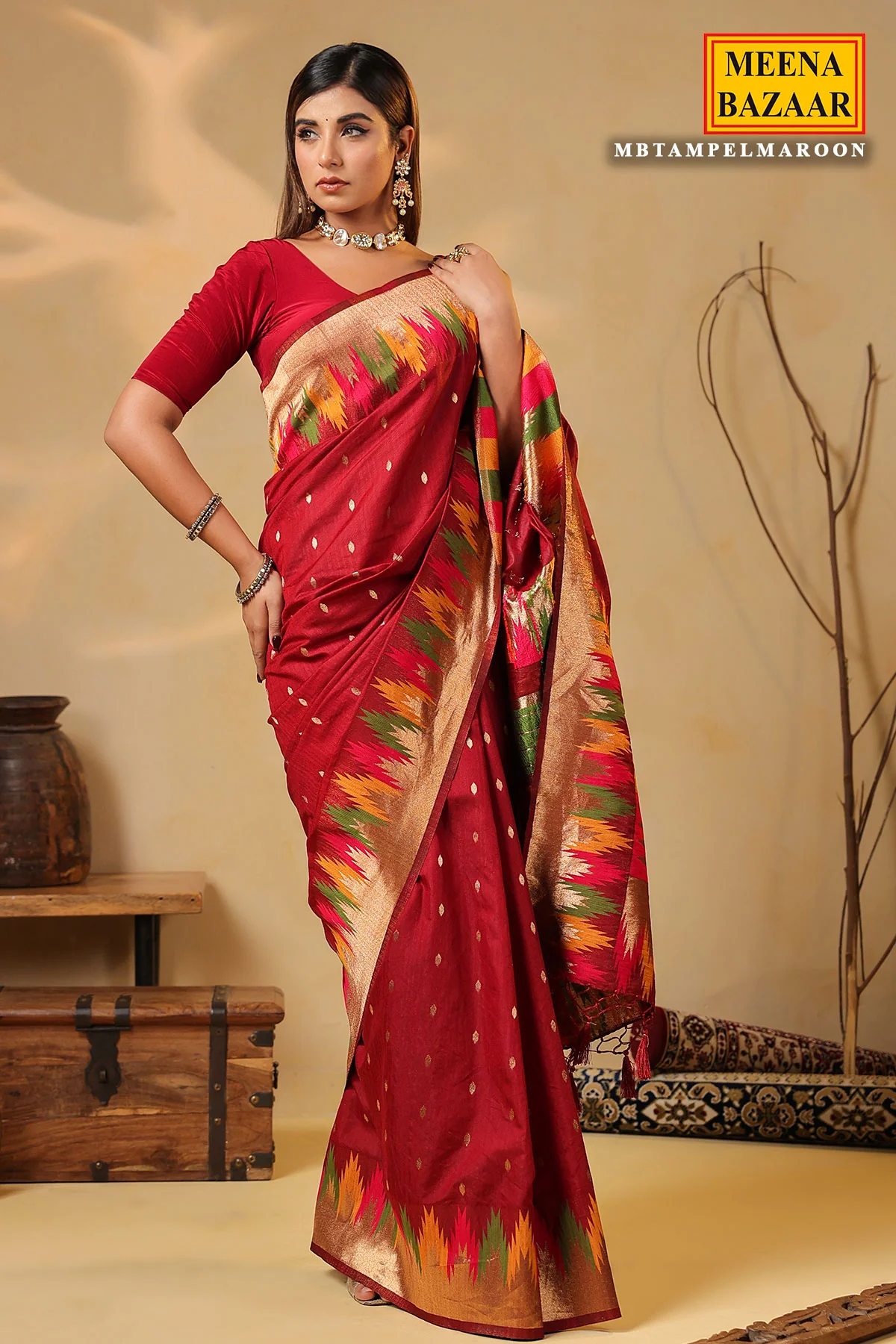 Maroon Temple Silk Weaving Saree Elegant Traditional & Party Wear - Image 6