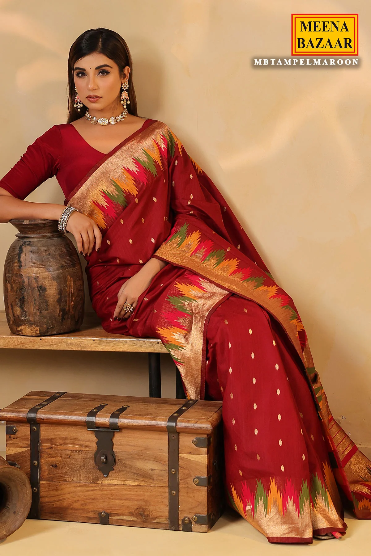 Maroon Temple Silk Weaving Saree Elegant Traditional & Party Wear - Image 7