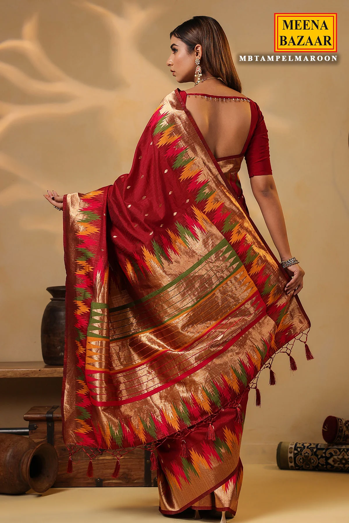Maroon Temple Silk Weaving Saree Elegant Traditional & Party Wear - Image 9