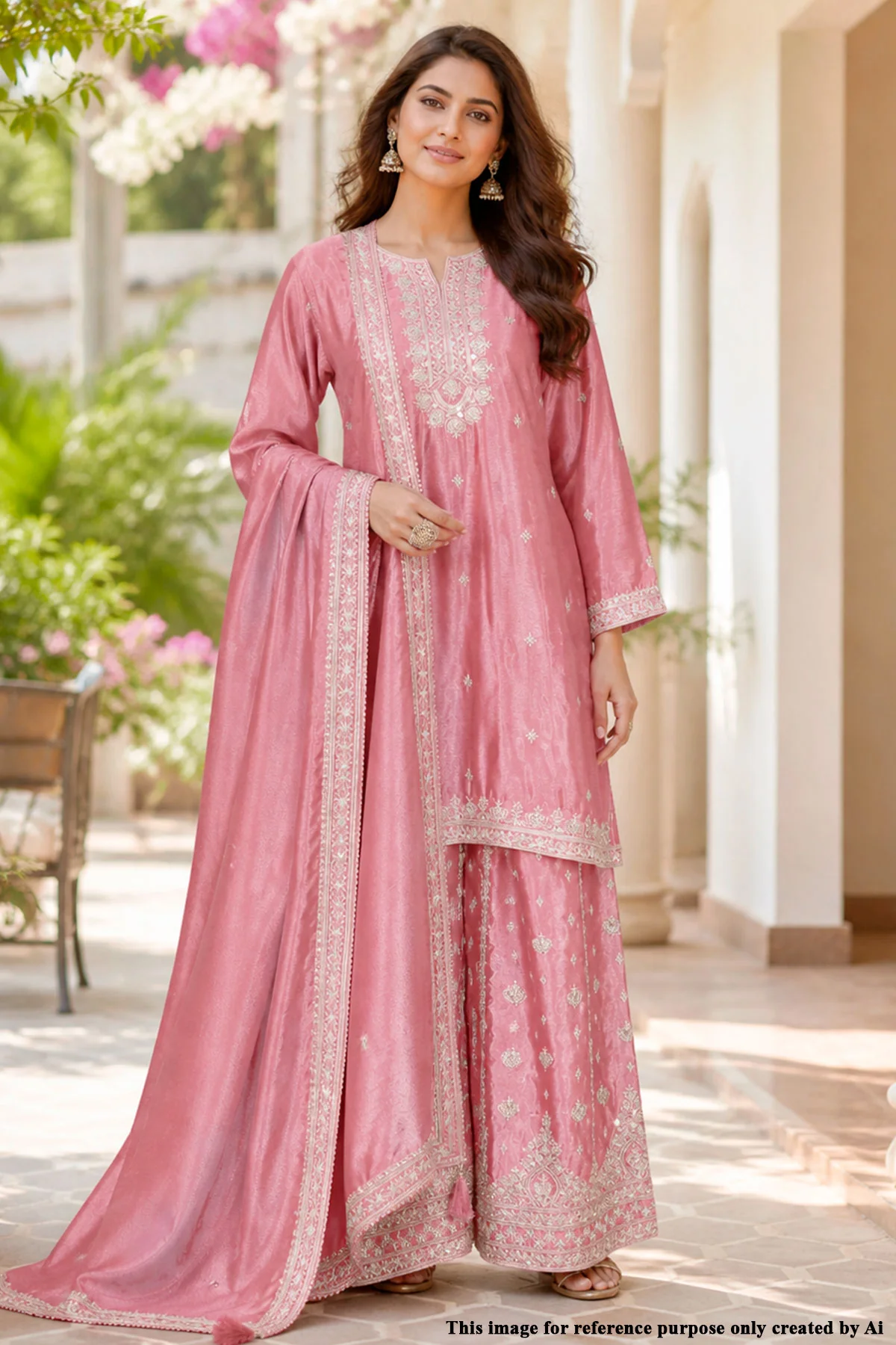 Pink Chinon Embroidered Readymade Suit