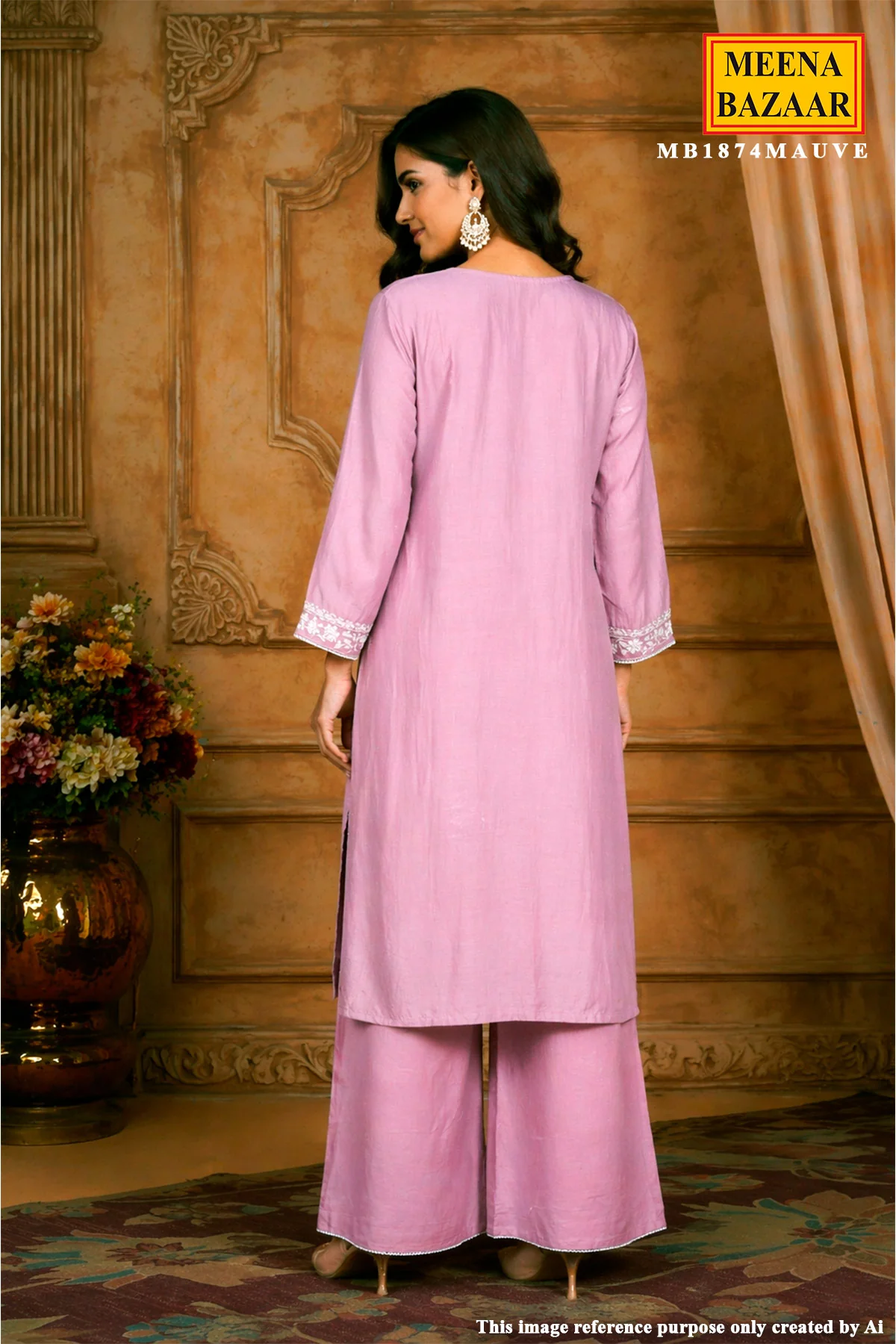 Mauve Cotton Embroidered Readymade Suit - Image 5