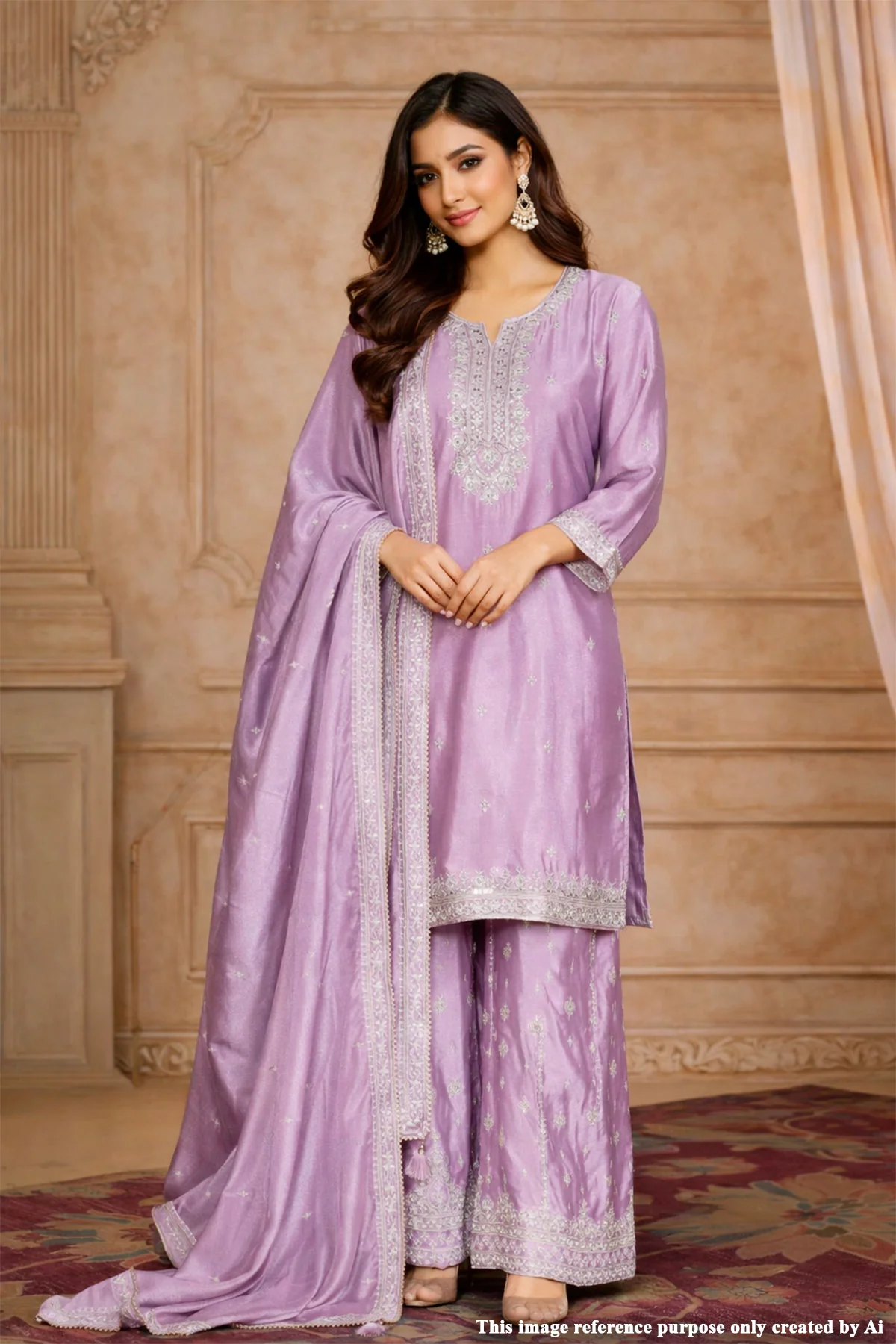 Mauve Chinon Embroidered Readymade Suit
